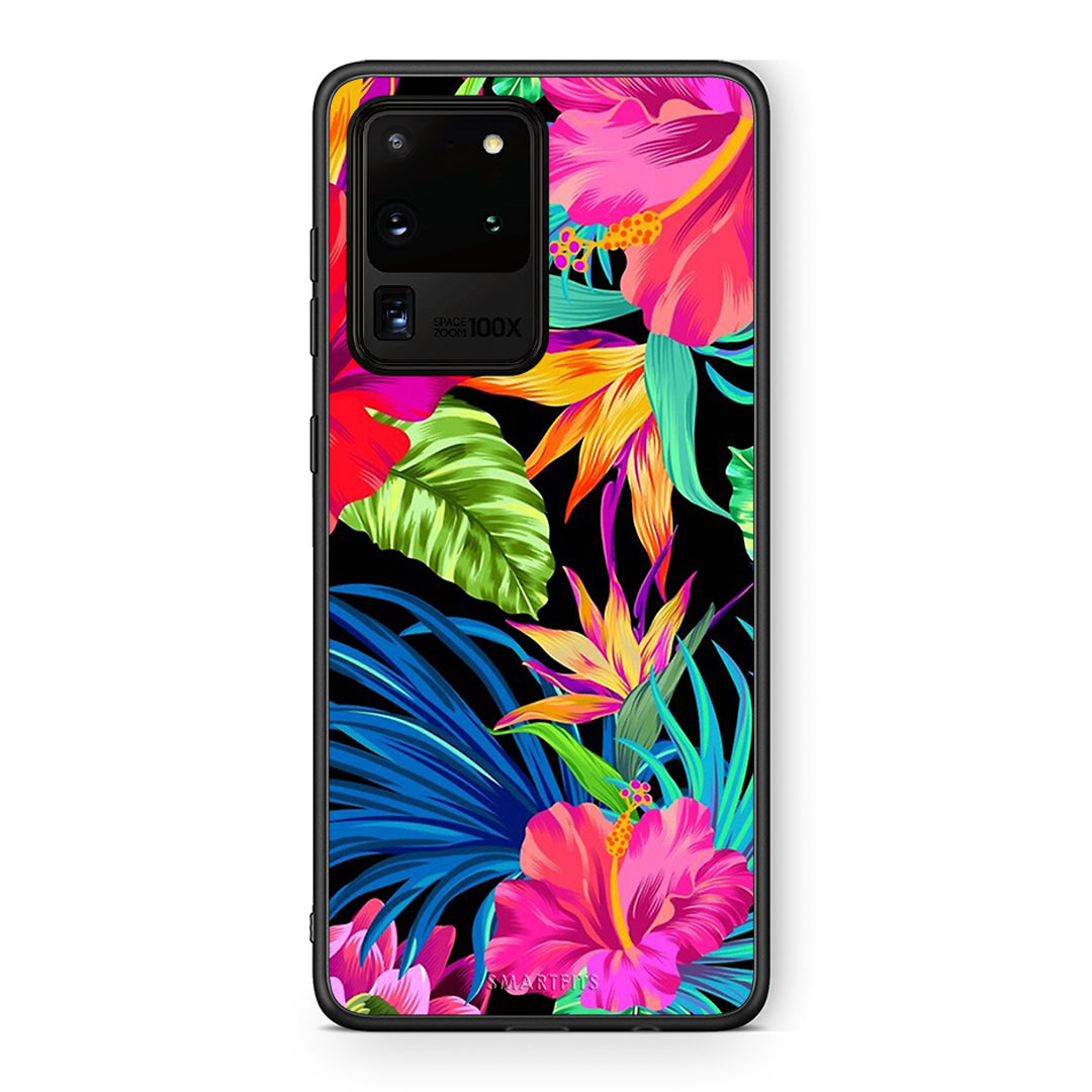 Samsung S20 Ultra Tropical Flowers θήκη από τη Smartfits με σχέδιο στο πίσω μέρος και μαύρο περίβλημα | Smartphone case with colorful back and black bezels by Smartfits