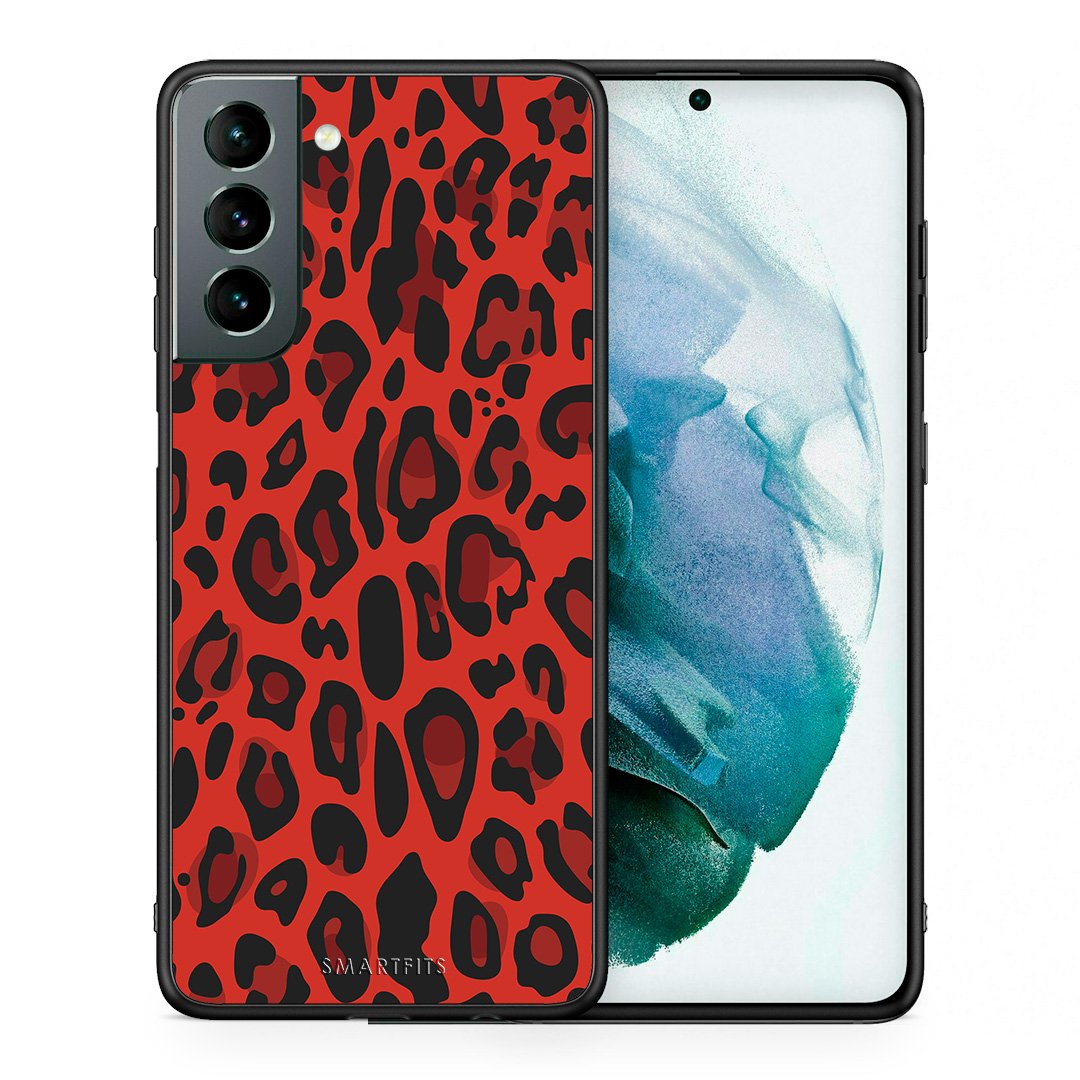 Θήκη Samsung S21 Red Leopard Animal από τη Smartfits με σχέδιο στο πίσω μέρος και μαύρο περίβλημα | Samsung S21 Red Leopard Animal case with colorful back and black bezels