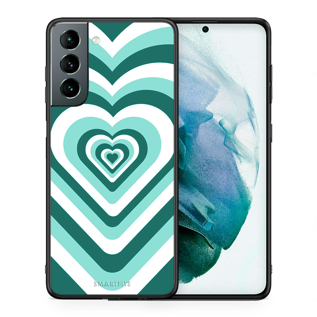 Θήκη Samsung S21 Green Hearts από τη Smartfits με σχέδιο στο πίσω μέρος και μαύρο περίβλημα | Samsung S21 Green Hearts case with colorful back and black bezels