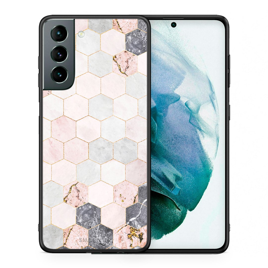 Θήκη Samsung S21 Hexagon Pink Marble από τη Smartfits με σχέδιο στο πίσω μέρος και μαύρο περίβλημα | Samsung S21 Hexagon Pink Marble case with colorful back and black bezels