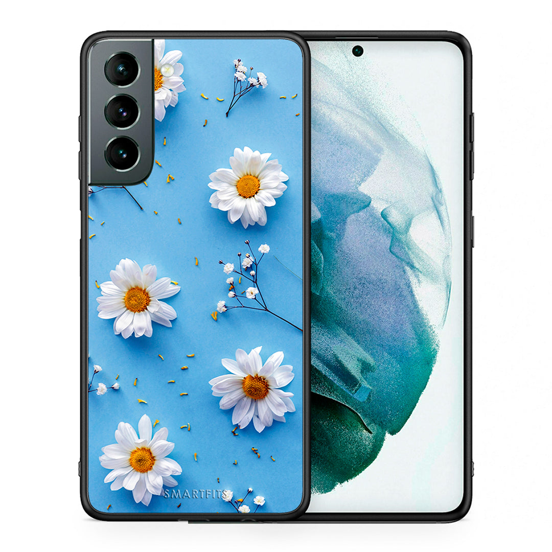 Θήκη Samsung S21 Real Daisies από τη Smartfits με σχέδιο στο πίσω μέρος και μαύρο περίβλημα | Samsung S21 Real Daisies case with colorful back and black bezels