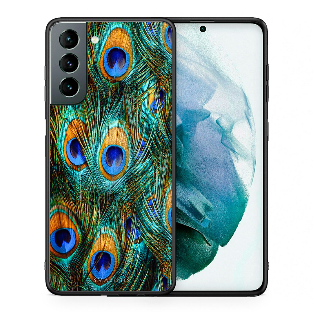 Θήκη Samsung S21 Real Peacock Feathers από τη Smartfits με σχέδιο στο πίσω μέρος και μαύρο περίβλημα | Samsung S21 Real Peacock Feathers case with colorful back and black bezels