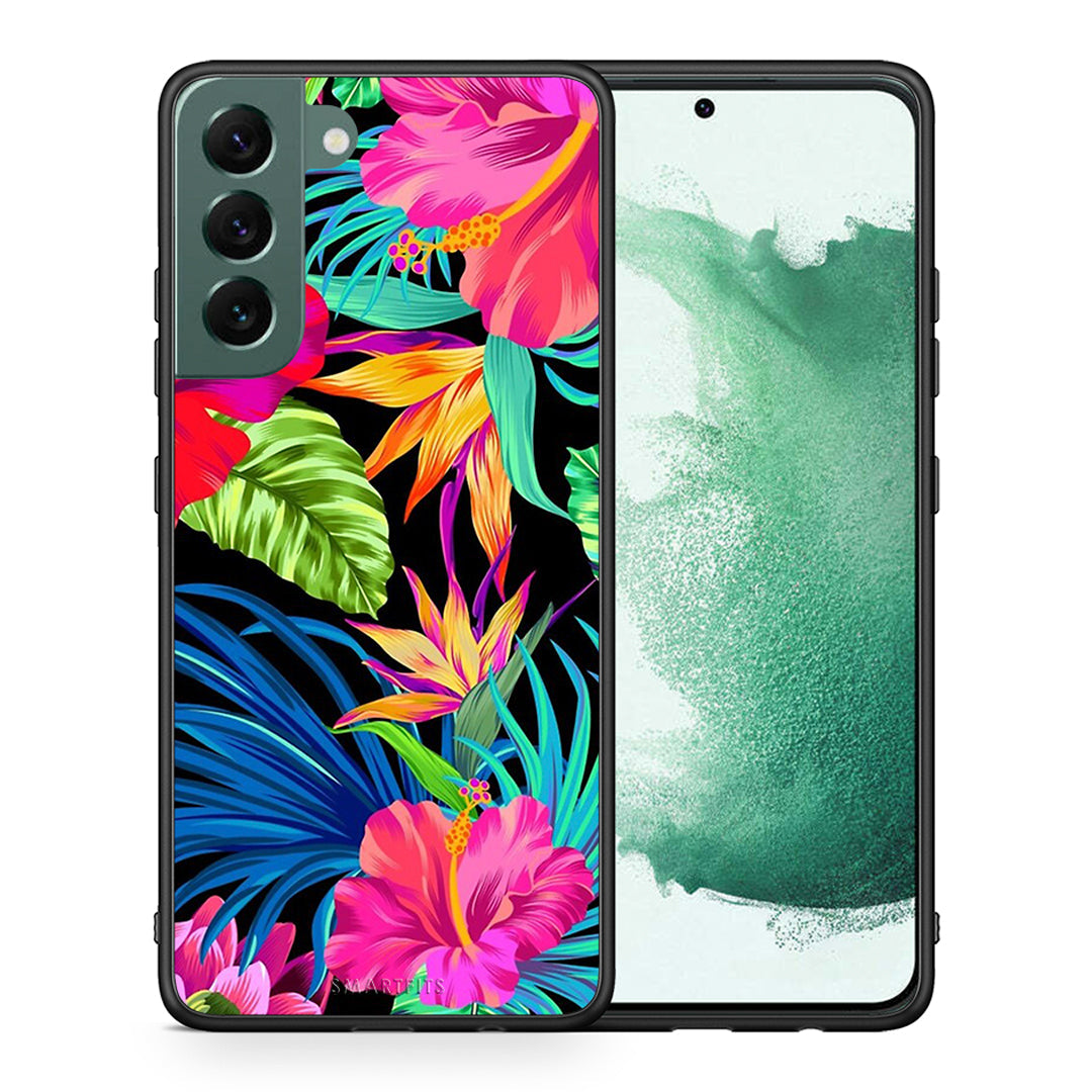 Θήκη Samsung S22 Plus Tropical Flowers από τη Smartfits με σχέδιο στο πίσω μέρος και μαύρο περίβλημα | Samsung S22 Plus Tropical Flowers case with colorful back and black bezels