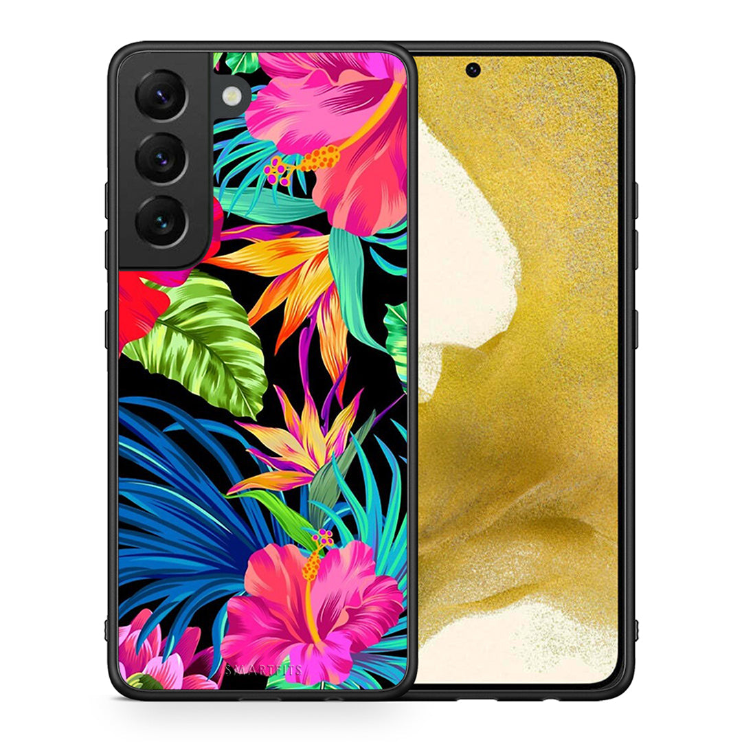 Θήκη Samsung S22 Tropical Flowers από τη Smartfits με σχέδιο στο πίσω μέρος και μαύρο περίβλημα | Samsung S22 Tropical Flowers case with colorful back and black bezels