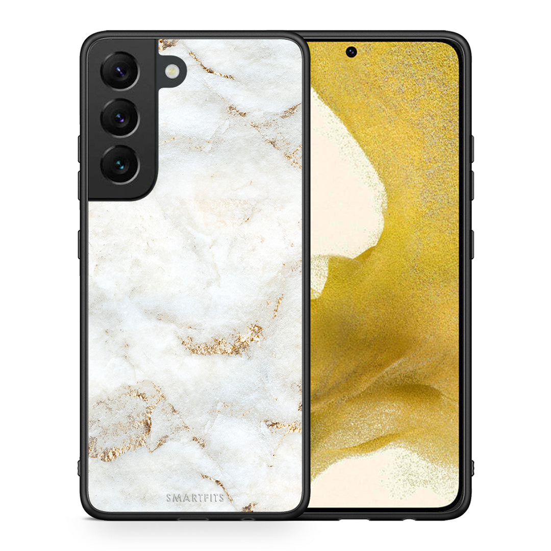 Θήκη Samsung S22 White Gold Marble από τη Smartfits με σχέδιο στο πίσω μέρος και μαύρο περίβλημα | Samsung S22 White Gold Marble case with colorful back and black bezels