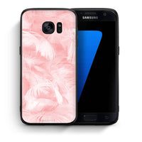 Thumbnail for Θήκη Samsung S7 Pink Feather Boho από τη Smartfits με σχέδιο στο πίσω μέρος και μαύρο περίβλημα | Samsung S7 Pink Feather Boho case with colorful back and black bezels