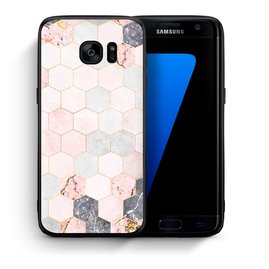 Θήκη Samsung S7 Edge Hexagon Pink Marble από τη Smartfits με σχέδιο στο πίσω μέρος και μαύρο περίβλημα | Samsung S7 Edge Hexagon Pink Marble case with colorful back and black bezels