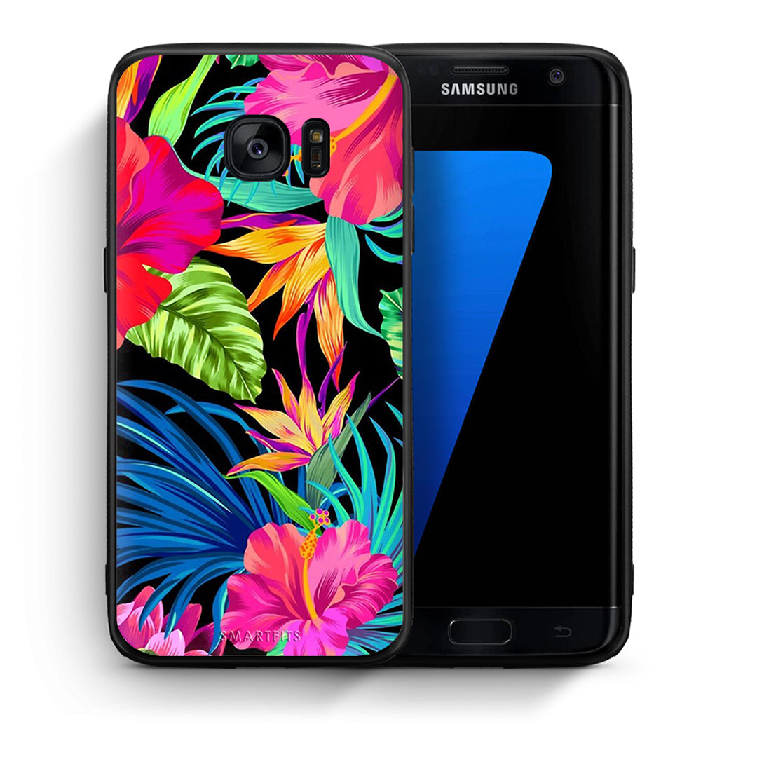 Θήκη Samsung S7 Edge Tropical Flowers από τη Smartfits με σχέδιο στο πίσω μέρος και μαύρο περίβλημα | Samsung S7 Edge Tropical Flowers case with colorful back and black bezels