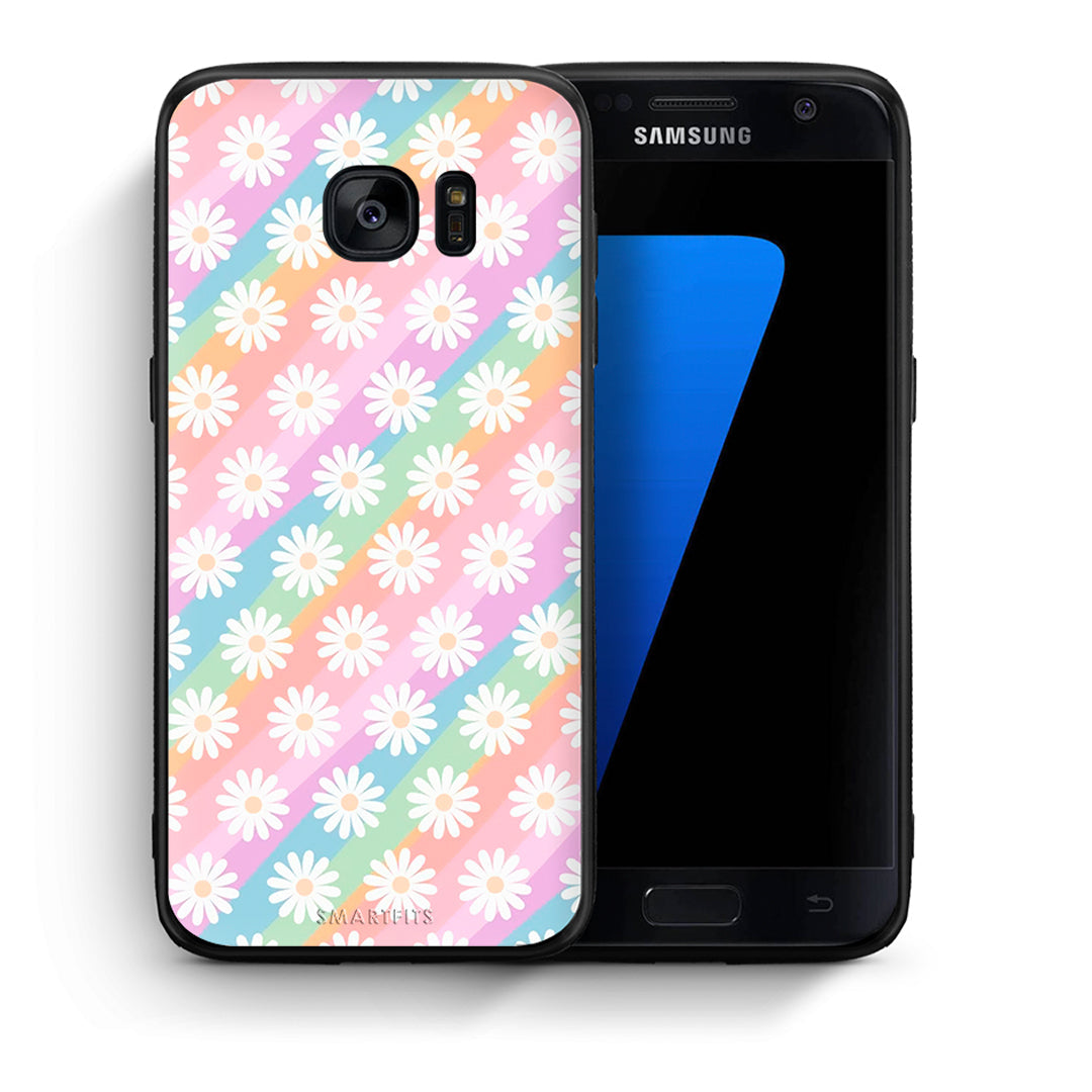 Θήκη Samsung S7 White Daisies από τη Smartfits με σχέδιο στο πίσω μέρος και μαύρο περίβλημα | Samsung S7 White Daisies case with colorful back and black bezels