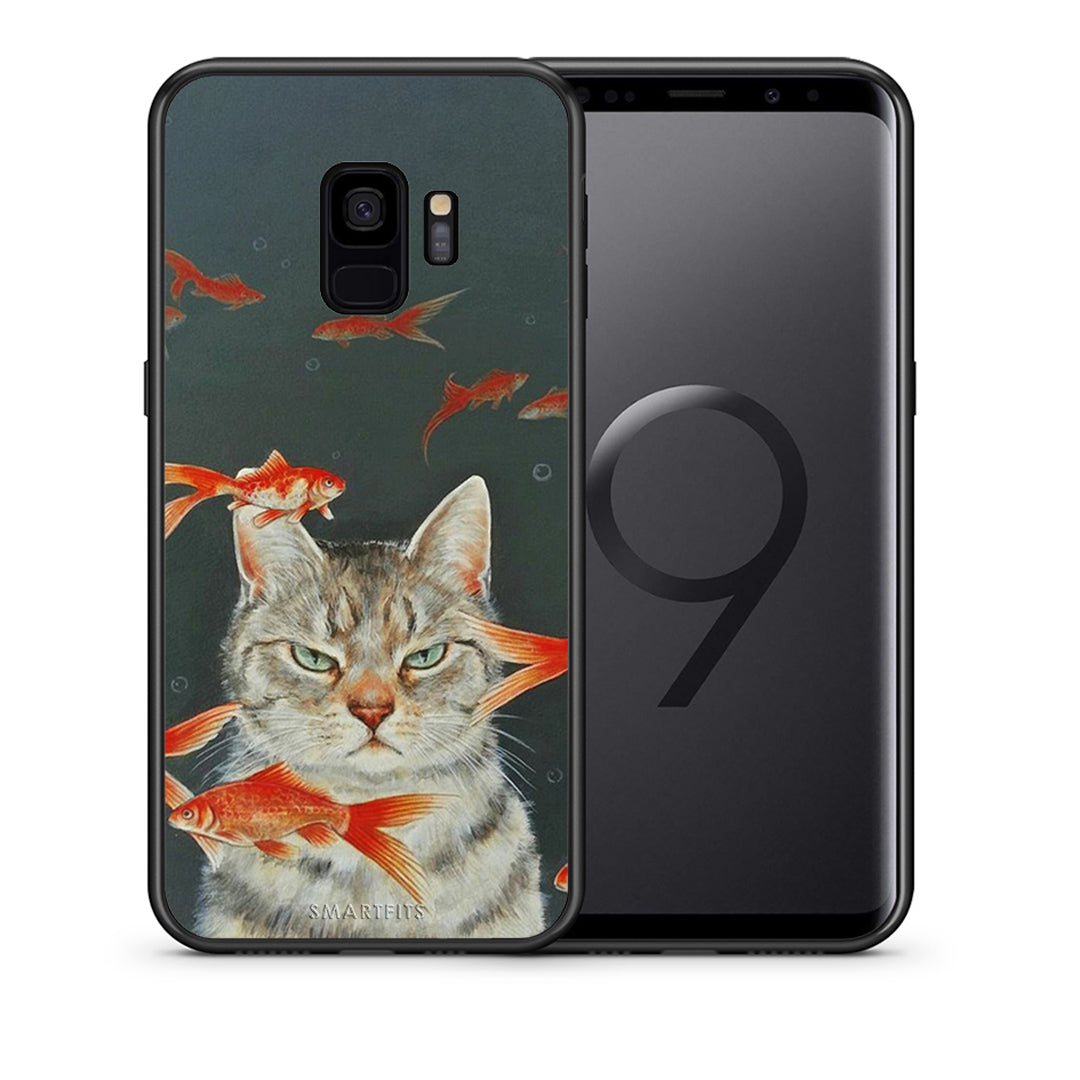 Θήκη Samsung S9 Cat Goldfish από τη Smartfits με σχέδιο στο πίσω μέρος και μαύρο περίβλημα | Samsung S9 Cat Goldfish case with colorful back and black bezels