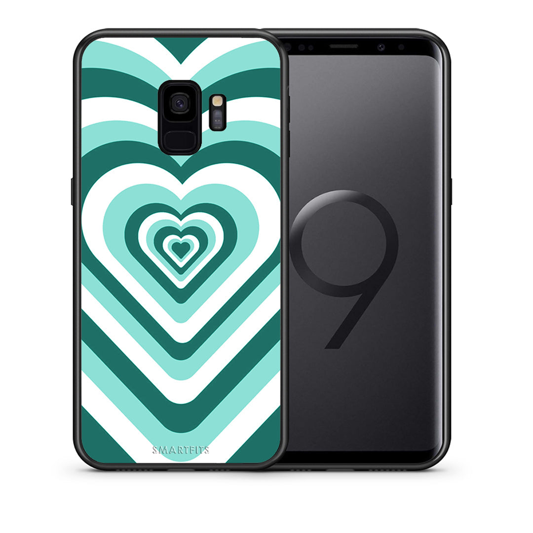 Θήκη Samsung S9 Green Hearts από τη Smartfits με σχέδιο στο πίσω μέρος και μαύρο περίβλημα | Samsung S9 Green Hearts case with colorful back and black bezels