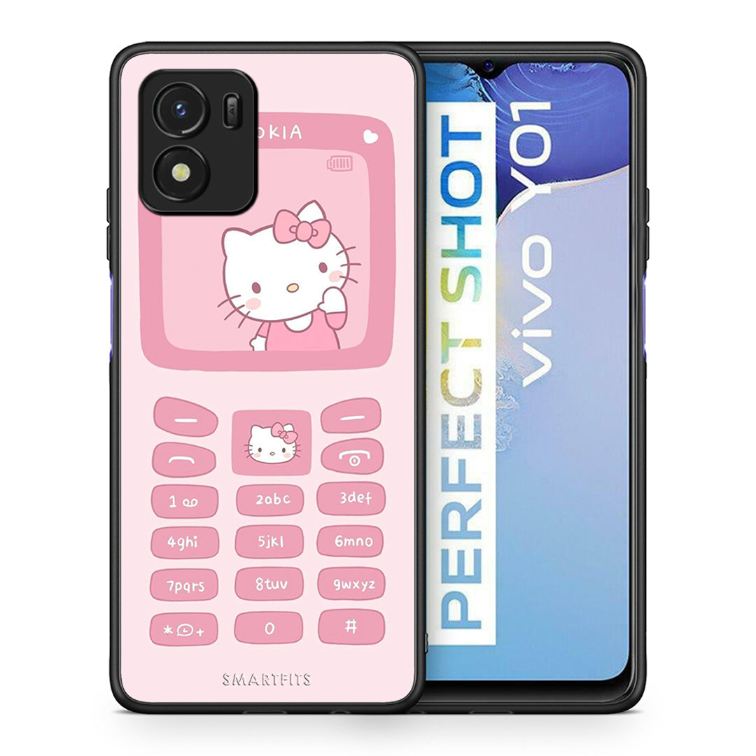 Θήκη Αγίου Βαλεντίνου Vivo Y01 / Y15s Hello Kitten από τη Smartfits με σχέδιο στο πίσω μέρος και μαύρο περίβλημα | Vivo Y01 / Y15s Hello Kitten case with colorful back and black bezels