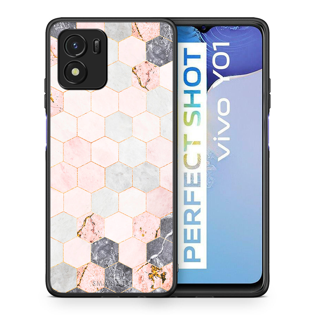 Θήκη Vivo Y01 / Y15s Hexagon Pink Marble από τη Smartfits με σχέδιο στο πίσω μέρος και μαύρο περίβλημα | Vivo Y01 / Y15s Hexagon Pink Marble case with colorful back and black bezels