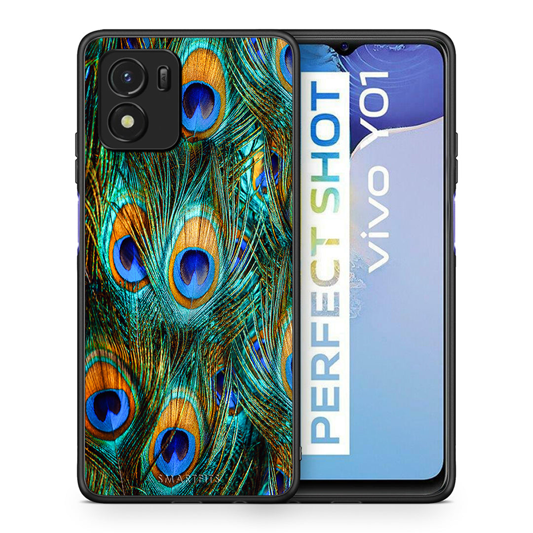 Θήκη Vivo Y01 / Y15s Real Peacock Feathers από τη Smartfits με σχέδιο στο πίσω μέρος και μαύρο περίβλημα | Vivo Y01 / Y15s Real Peacock Feathers case with colorful back and black bezels