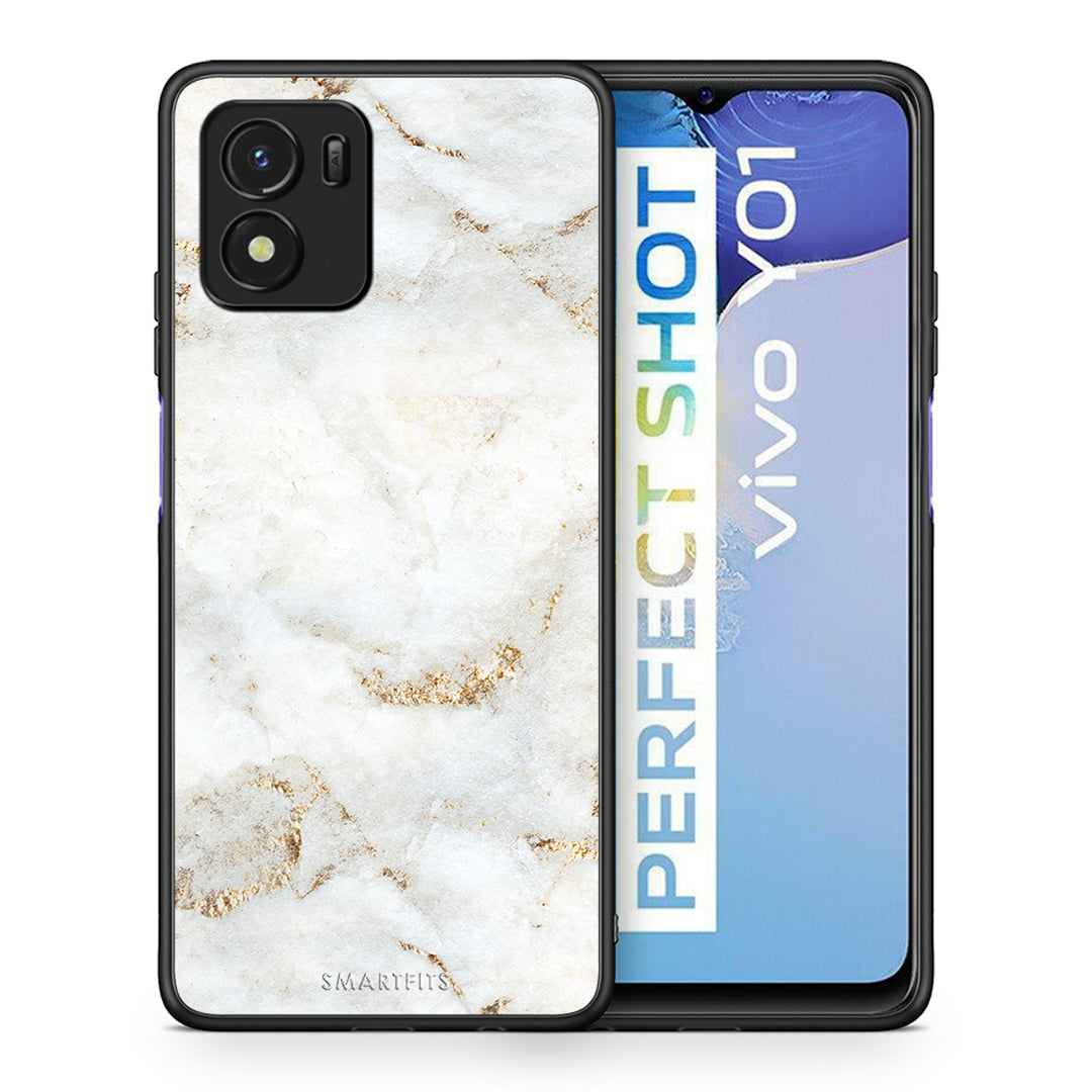 Θήκη Vivo Y01 / Y15s White Gold Marble από τη Smartfits με σχέδιο στο πίσω μέρος και μαύρο περίβλημα | Vivo Y01 / Y15s White Gold Marble case with colorful back and black bezels