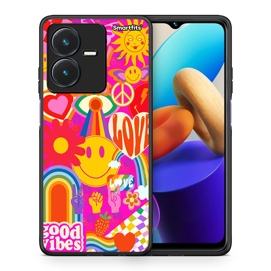 Θήκη Vivo Y22s Hippie Love από τη Smartfits με σχέδιο στο πίσω μέρος και μαύρο περίβλημα | Vivo Y22s Hippie Love case with colorful back and black bezels