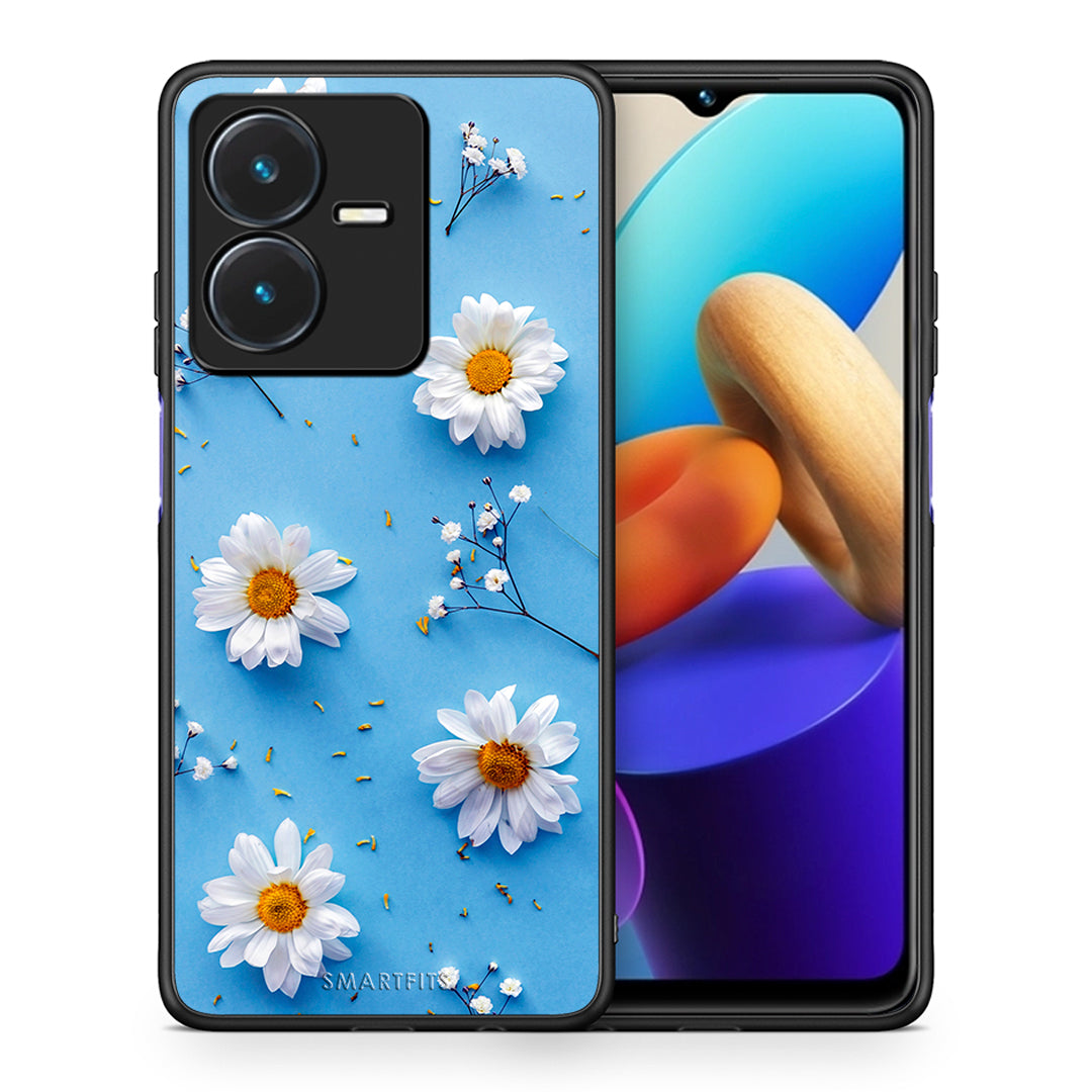 Θήκη Vivo Y22s Real Daisies από τη Smartfits με σχέδιο στο πίσω μέρος και μαύρο περίβλημα | Vivo Y22s Real Daisies case with colorful back and black bezels