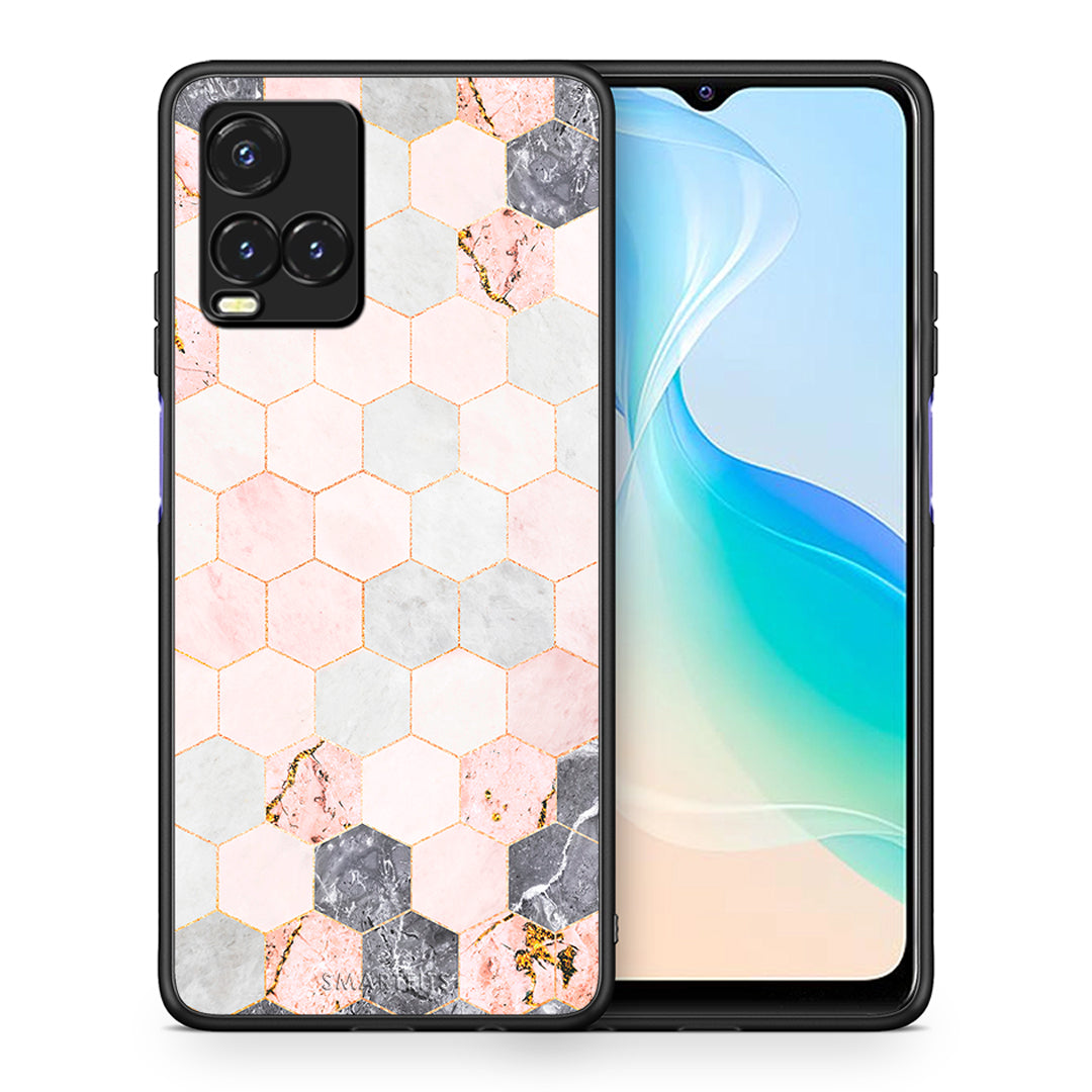 Θήκη Vivo Y33s / Y21s / Y21 Hexagon Pink Marble από τη Smartfits με σχέδιο στο πίσω μέρος και μαύρο περίβλημα | Vivo Y33s / Y21s / Y21 Hexagon Pink Marble case with colorful back and black bezels