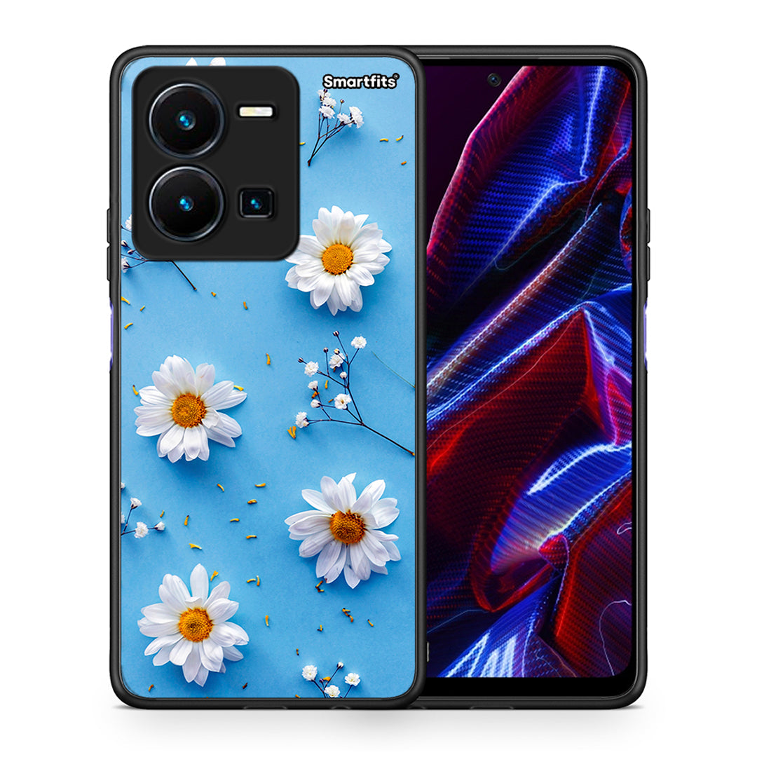 Θήκη Vivo Y35 5G Real Daisies από τη Smartfits με σχέδιο στο πίσω μέρος και μαύρο περίβλημα | Vivo Y35 5G Real Daisies case with colorful back and black bezels