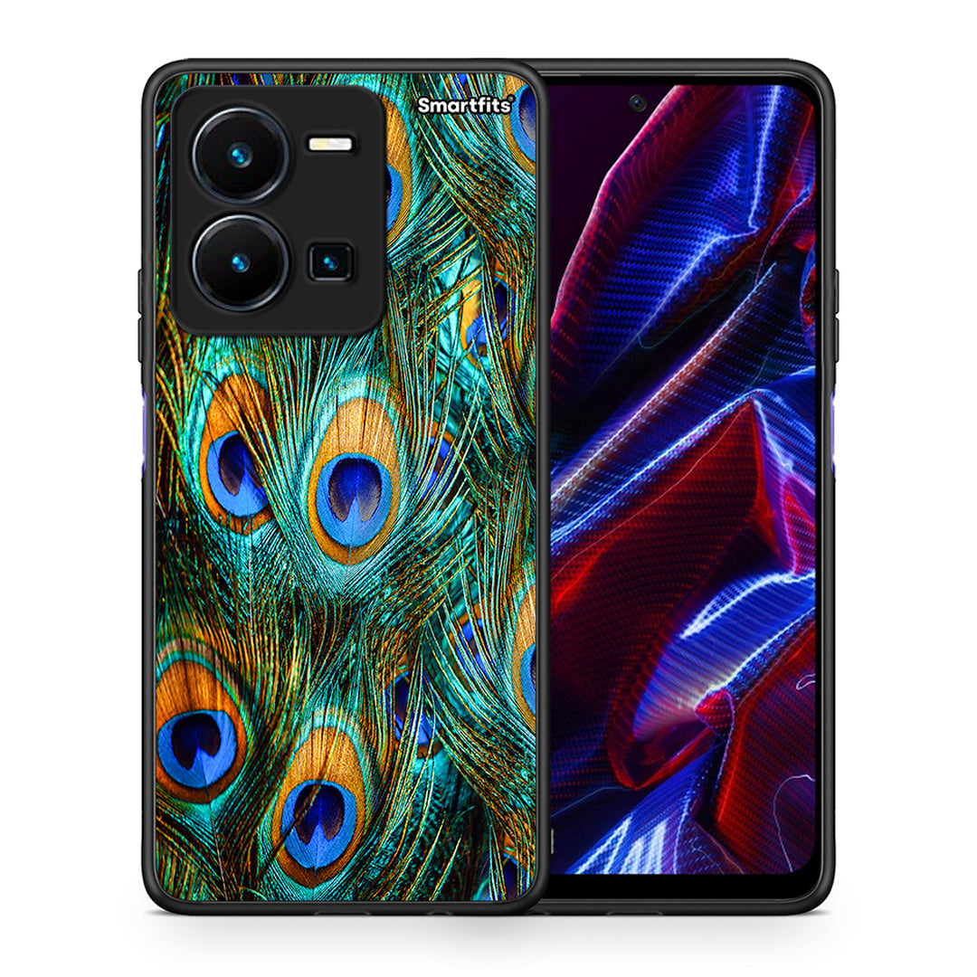 Θήκη Vivo Y35 5G Real Peacock Feathers από τη Smartfits με σχέδιο στο πίσω μέρος και μαύρο περίβλημα | Vivo Y35 5G Real Peacock Feathers case with colorful back and black bezels