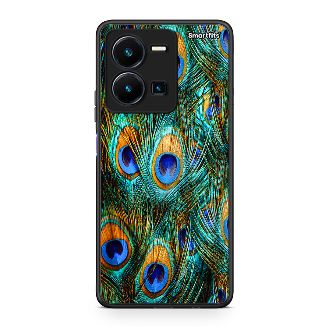 Vivo Y35 5G Real Peacock Feathers θήκη από τη Smartfits με σχέδιο στο πίσω μέρος και μαύρο περίβλημα | Smartphone case with colorful back and black bezels by Smartfits