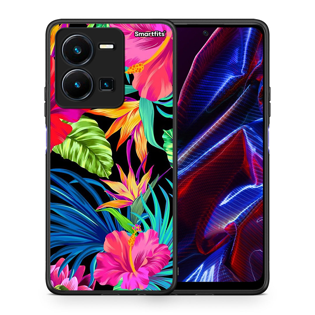 Θήκη Vivo Y35 5G Tropical Flowers από τη Smartfits με σχέδιο στο πίσω μέρος και μαύρο περίβλημα | Vivo Y35 5G Tropical Flowers case with colorful back and black bezels