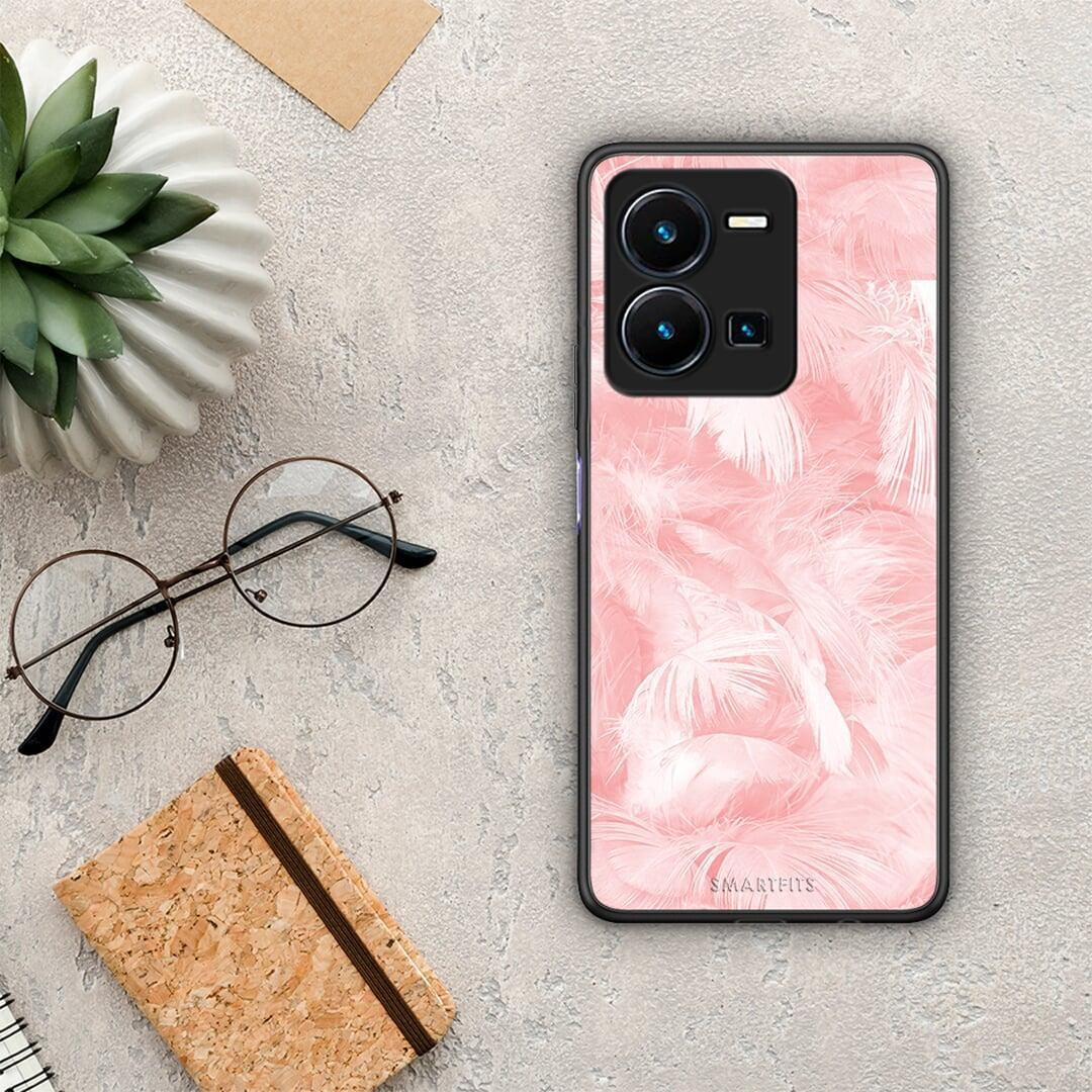 Θήκη Vivo Y35 Boho Pink Feather από τη Smartfits με σχέδιο στο πίσω μέρος και μαύρο περίβλημα | Vivo Y35 Boho Pink Feather Case with Colorful Back and Black Bezels