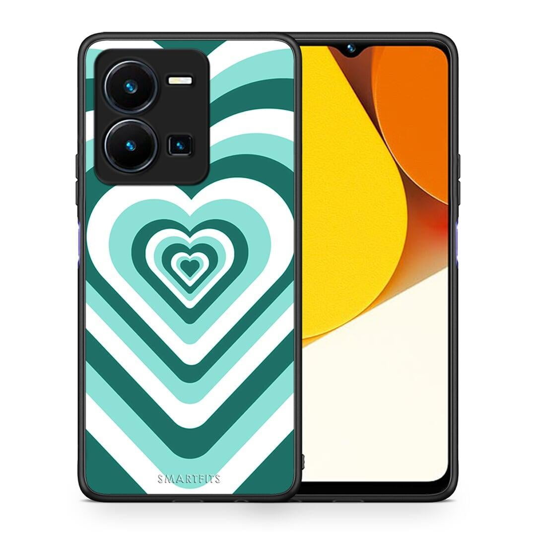 Θήκη Vivo Y35 Green Hearts από τη Smartfits με σχέδιο στο πίσω μέρος και μαύρο περίβλημα | Vivo Y35 Green Hearts Case with Colorful Back and Black Bezels