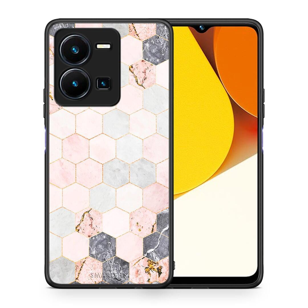 Θήκη Vivo Y35 Marble Hexagon Pink από τη Smartfits με σχέδιο στο πίσω μέρος και μαύρο περίβλημα | Vivo Y35 Marble Hexagon Pink Case with Colorful Back and Black Bezels