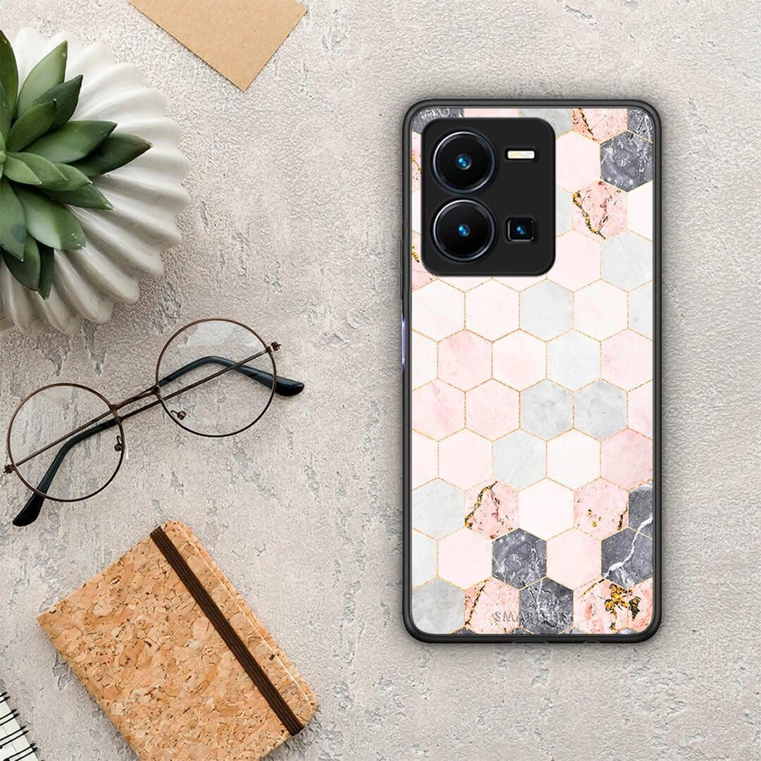 Θήκη Vivo Y35 Marble Hexagon Pink από τη Smartfits με σχέδιο στο πίσω μέρος και μαύρο περίβλημα | Vivo Y35 Marble Hexagon Pink Case with Colorful Back and Black Bezels