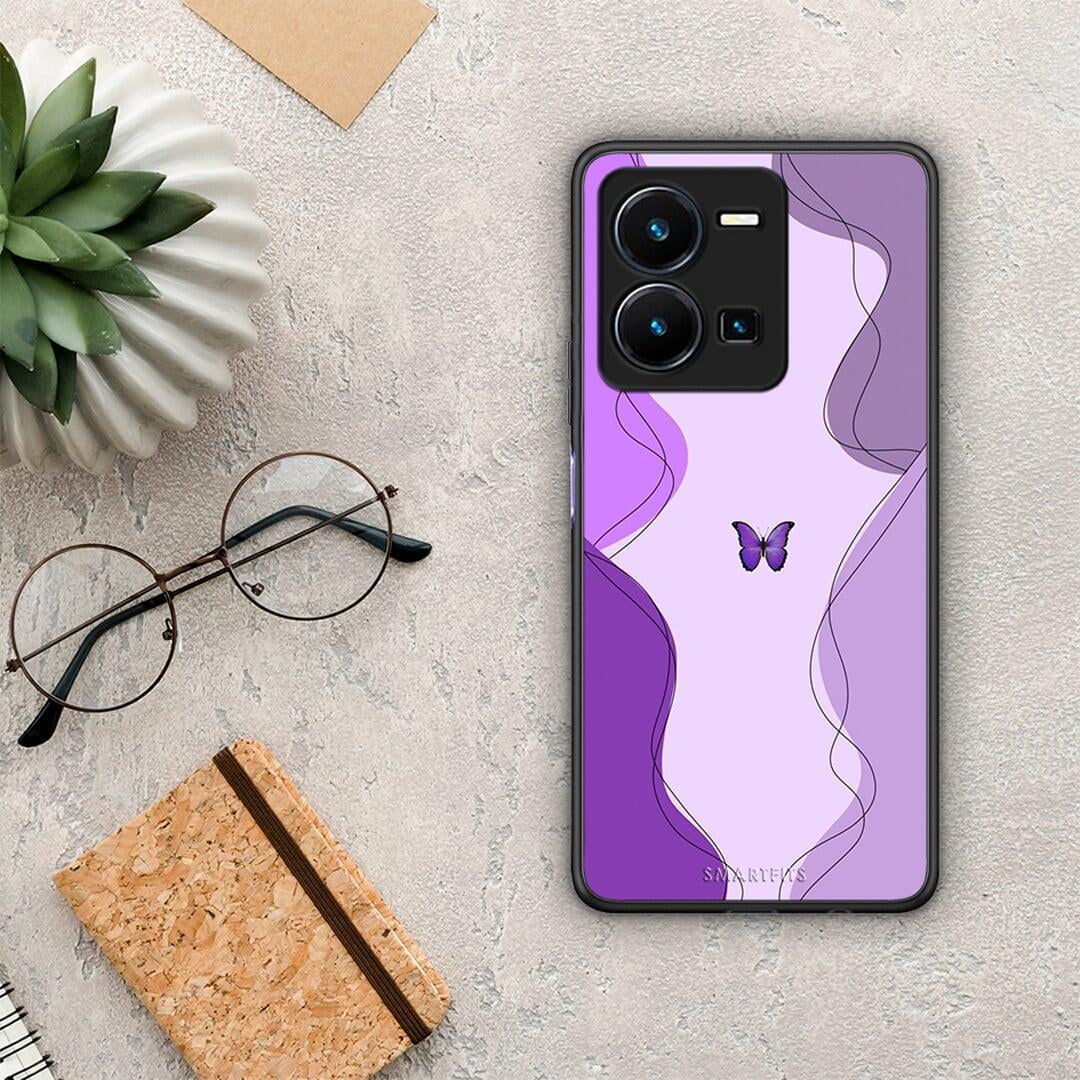 Θήκη Vivo Y35 Purple Mariposa από τη Smartfits με σχέδιο στο πίσω μέρος και μαύρο περίβλημα | Vivo Y35 Purple Mariposa Case with Colorful Back and Black Bezels