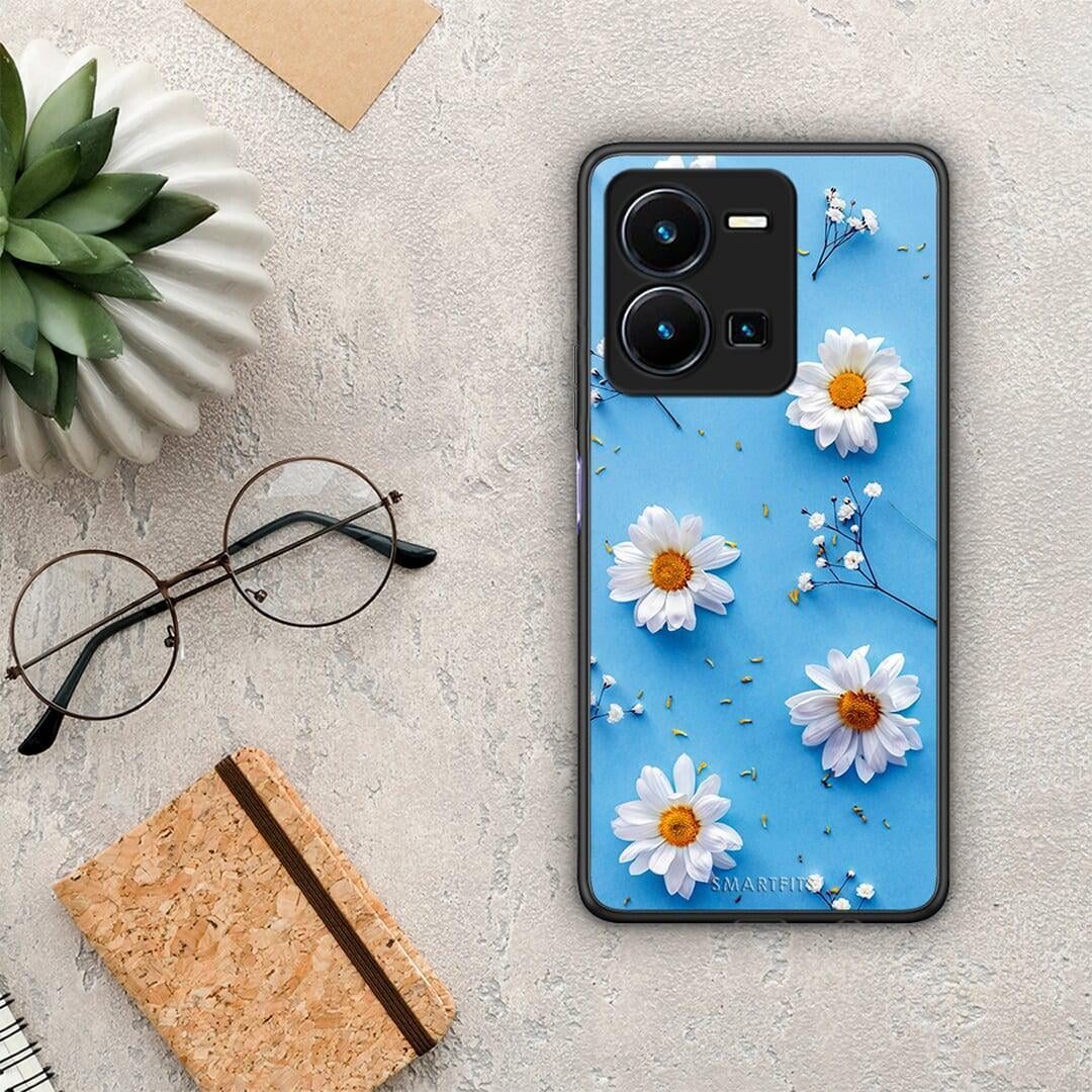 Θήκη Vivo Y35 Real Daisies από τη Smartfits με σχέδιο στο πίσω μέρος και μαύρο περίβλημα | Vivo Y35 Real Daisies Case with Colorful Back and Black Bezels