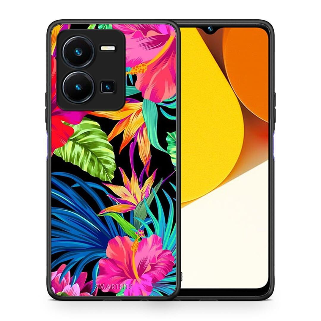 Θήκη Vivo Y35 Tropical Flowers από τη Smartfits με σχέδιο στο πίσω μέρος και μαύρο περίβλημα | Vivo Y35 Tropical Flowers Case with Colorful Back and Black Bezels