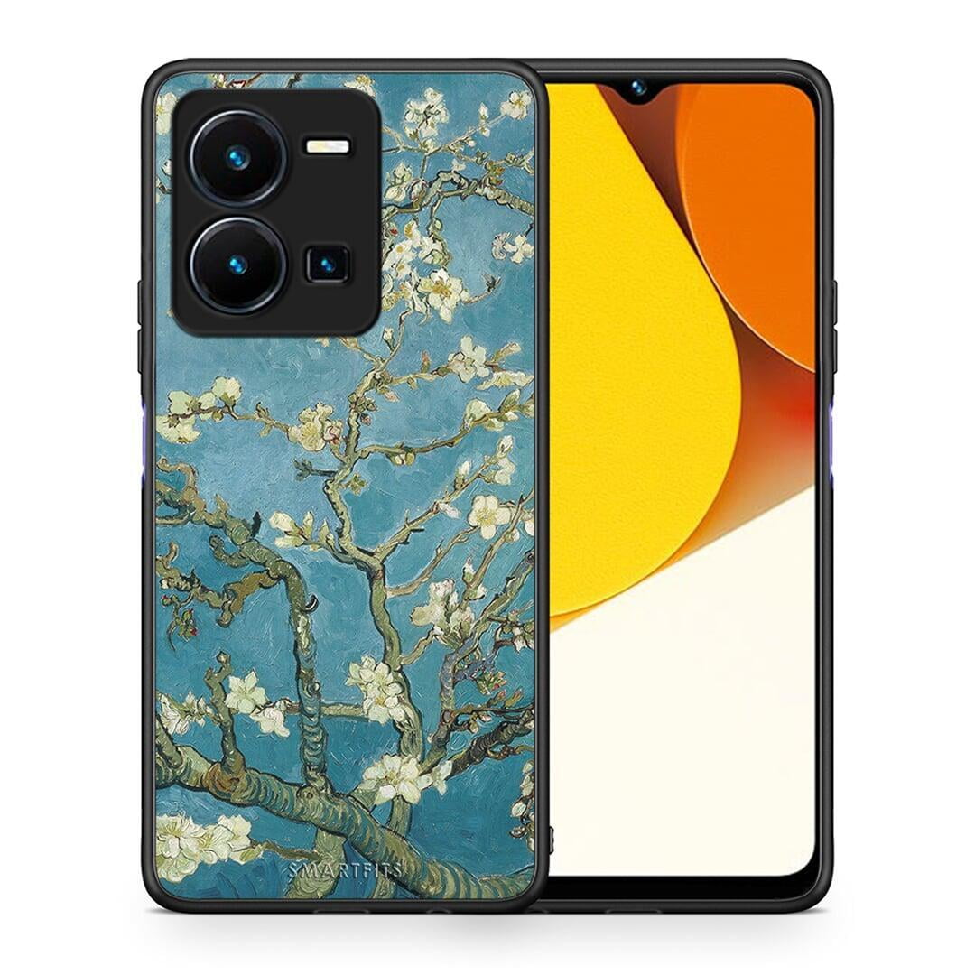 Θήκη Vivo Y35 White Blossoms από τη Smartfits με σχέδιο στο πίσω μέρος και μαύρο περίβλημα | Vivo Y35 White Blossoms Case with Colorful Back and Black Bezels