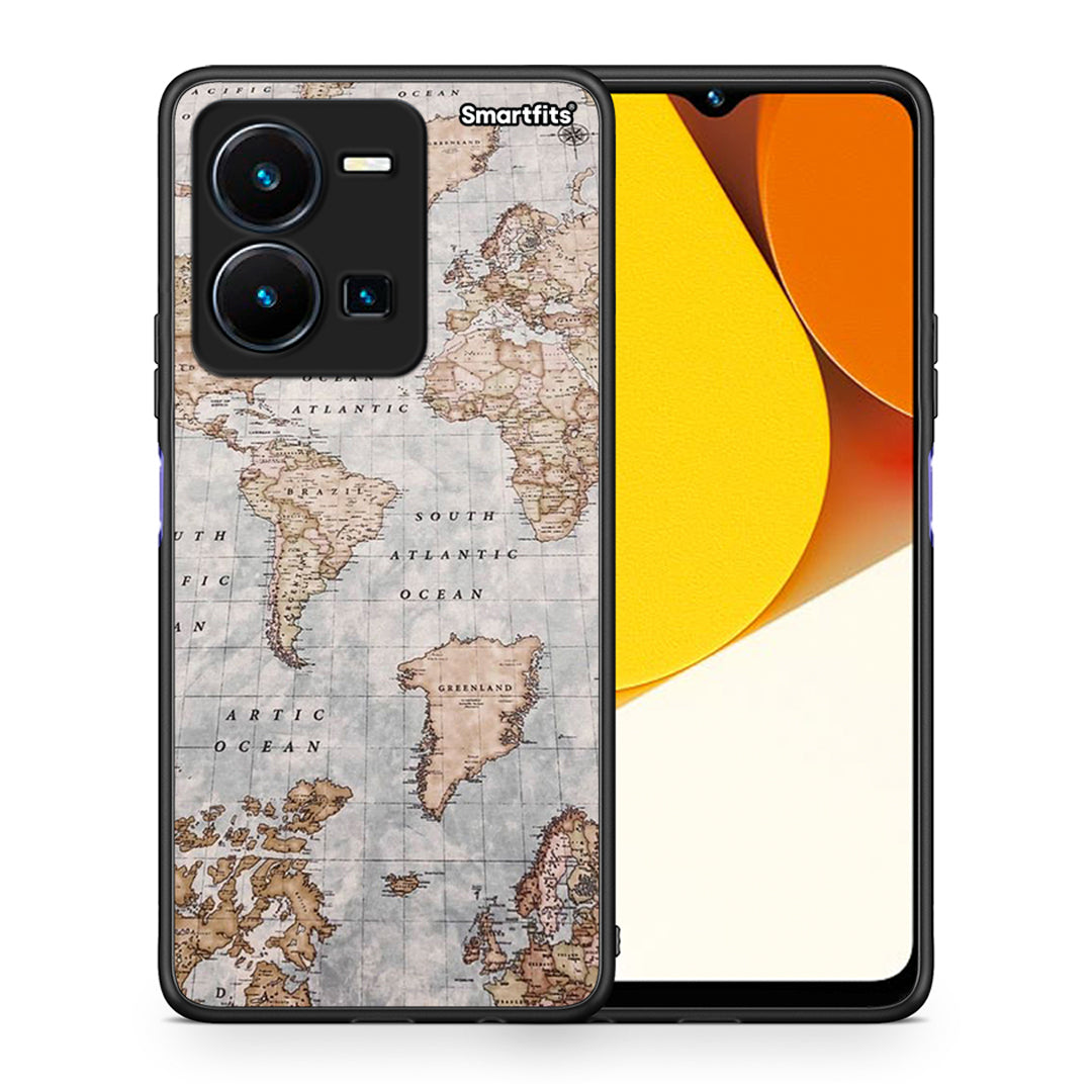 Θήκη Vivo Y35 World Map από τη Smartfits με σχέδιο στο πίσω μέρος και μαύρο περίβλημα | Vivo Y35 World Map Case with Colorful Back and Black Bezels