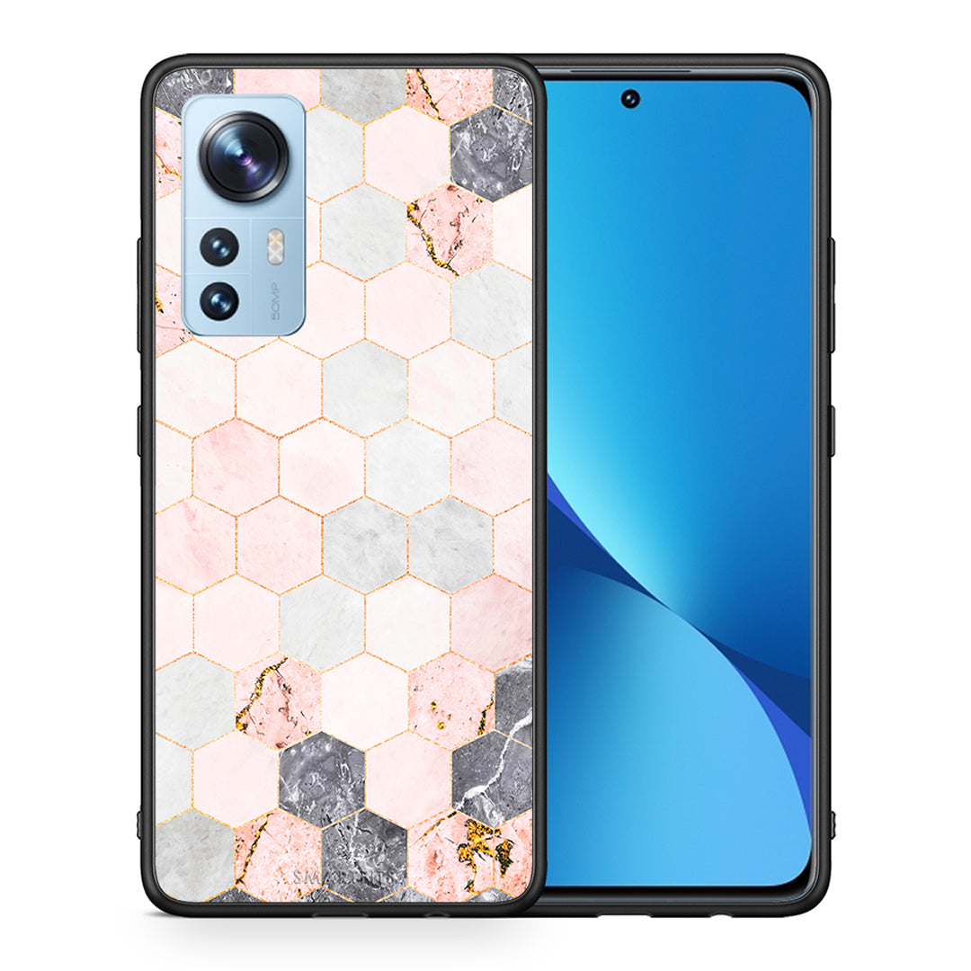 Θήκη Xiaomi 12/12X 5G Hexagon Pink Marble από τη Smartfits με σχέδιο στο πίσω μέρος και μαύρο περίβλημα | Xiaomi 12/12X 5G Hexagon Pink Marble case with colorful back and black bezels