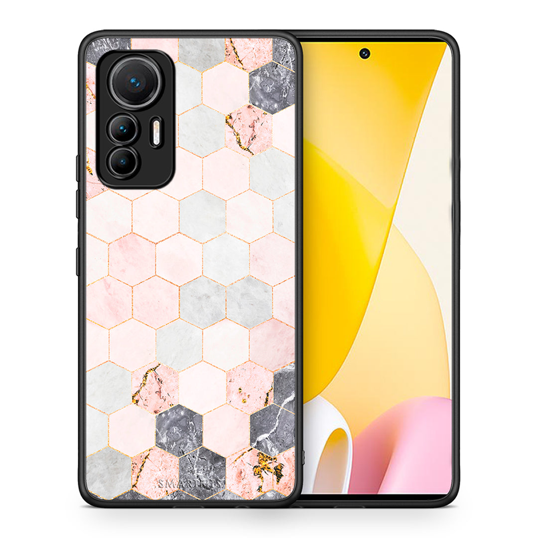 Θήκη Xiaomi 12 Lite 5G Hexagon Pink Marble από τη Smartfits με σχέδιο στο πίσω μέρος και μαύρο περίβλημα | Xiaomi 12 Lite 5G Hexagon Pink Marble case with colorful back and black bezels
