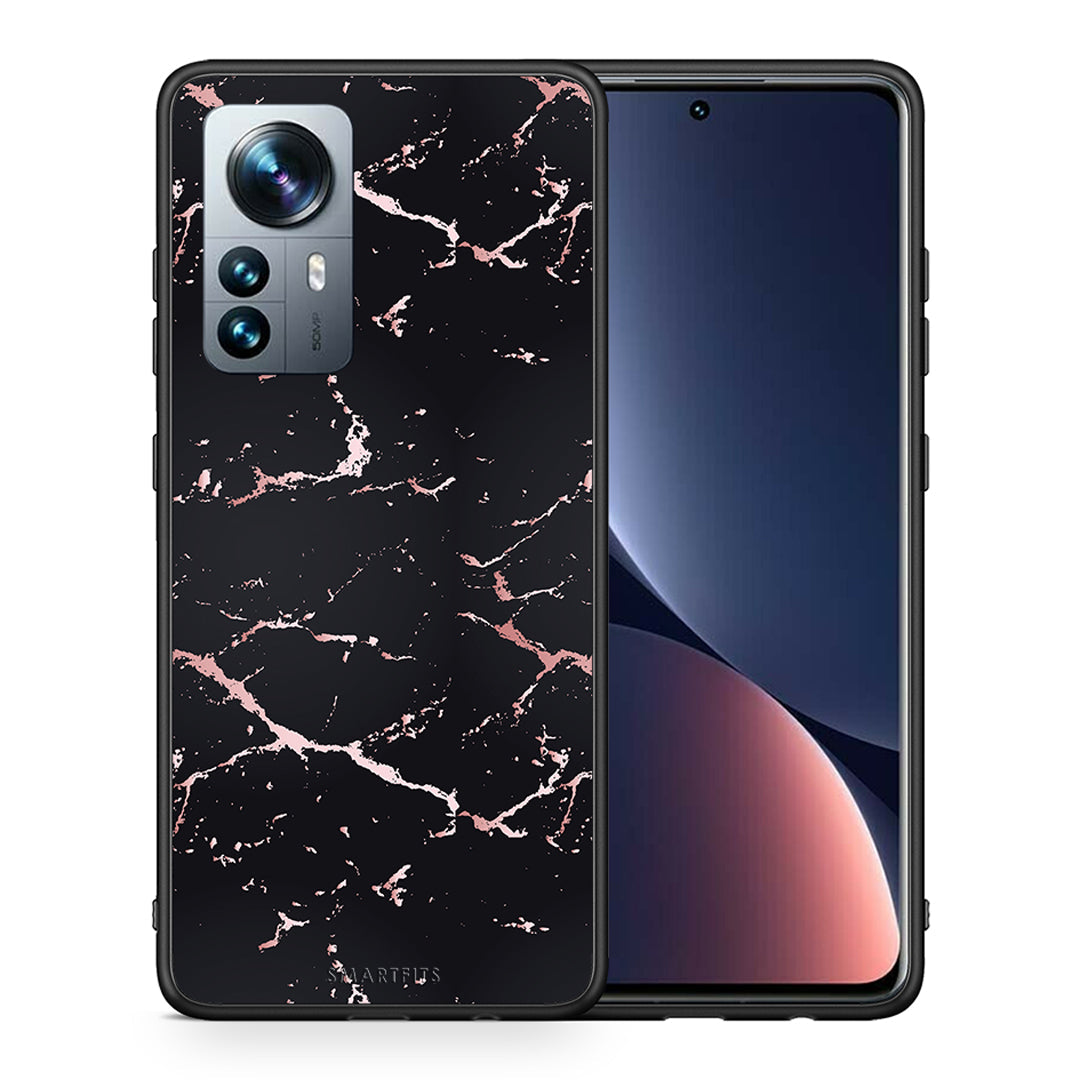 Θήκη Xiaomi 12 Pro Black Rosegold Marble από τη Smartfits με σχέδιο στο πίσω μέρος και μαύρο περίβλημα | Xiaomi 12 Pro Black Rosegold Marble case with colorful back and black bezels