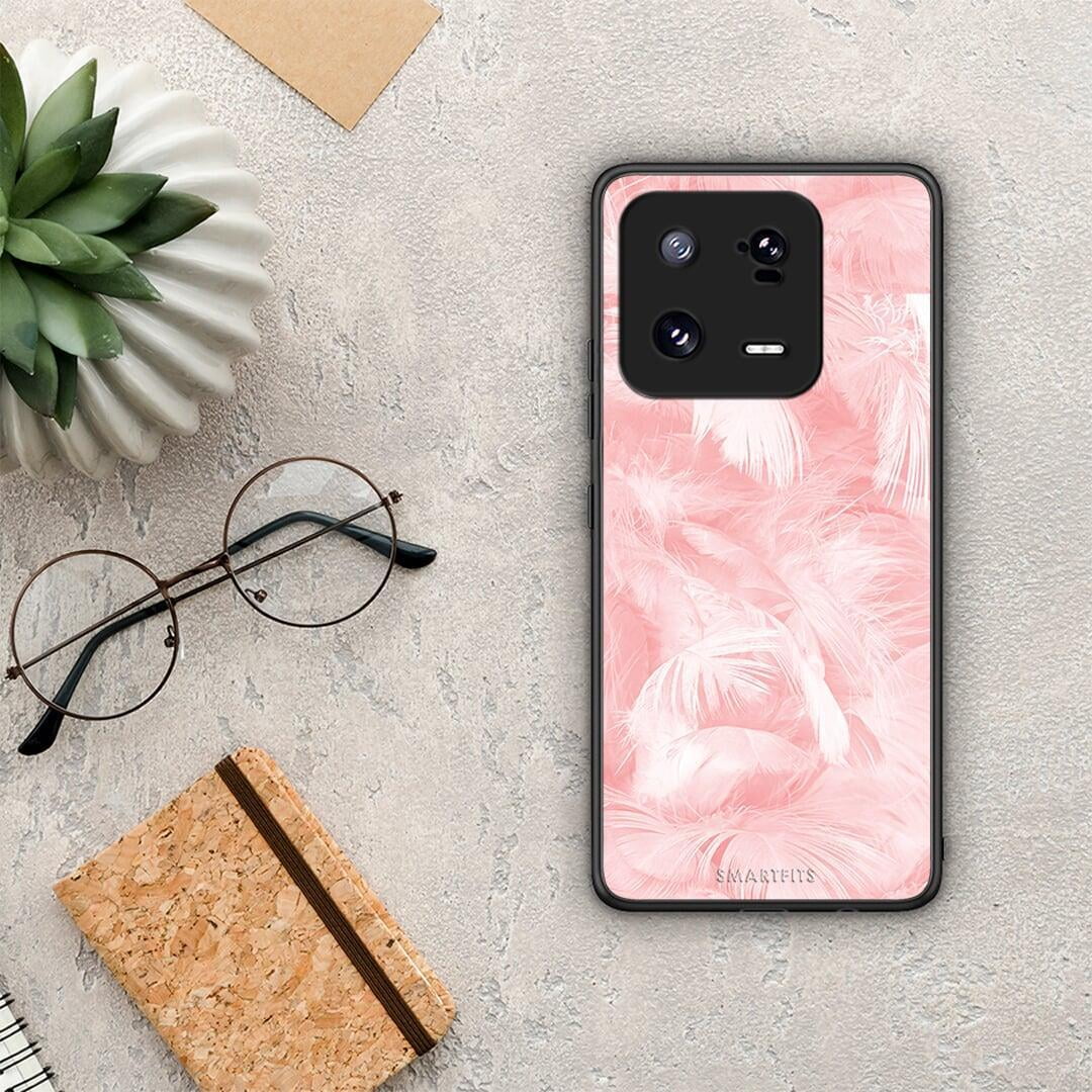 Θήκη Xiaomi 13 Boho Pink Feather από τη Smartfits με σχέδιο στο πίσω μέρος και μαύρο περίβλημα | Xiaomi 13 Boho Pink Feather Case with Colorful Back and Black Bezels