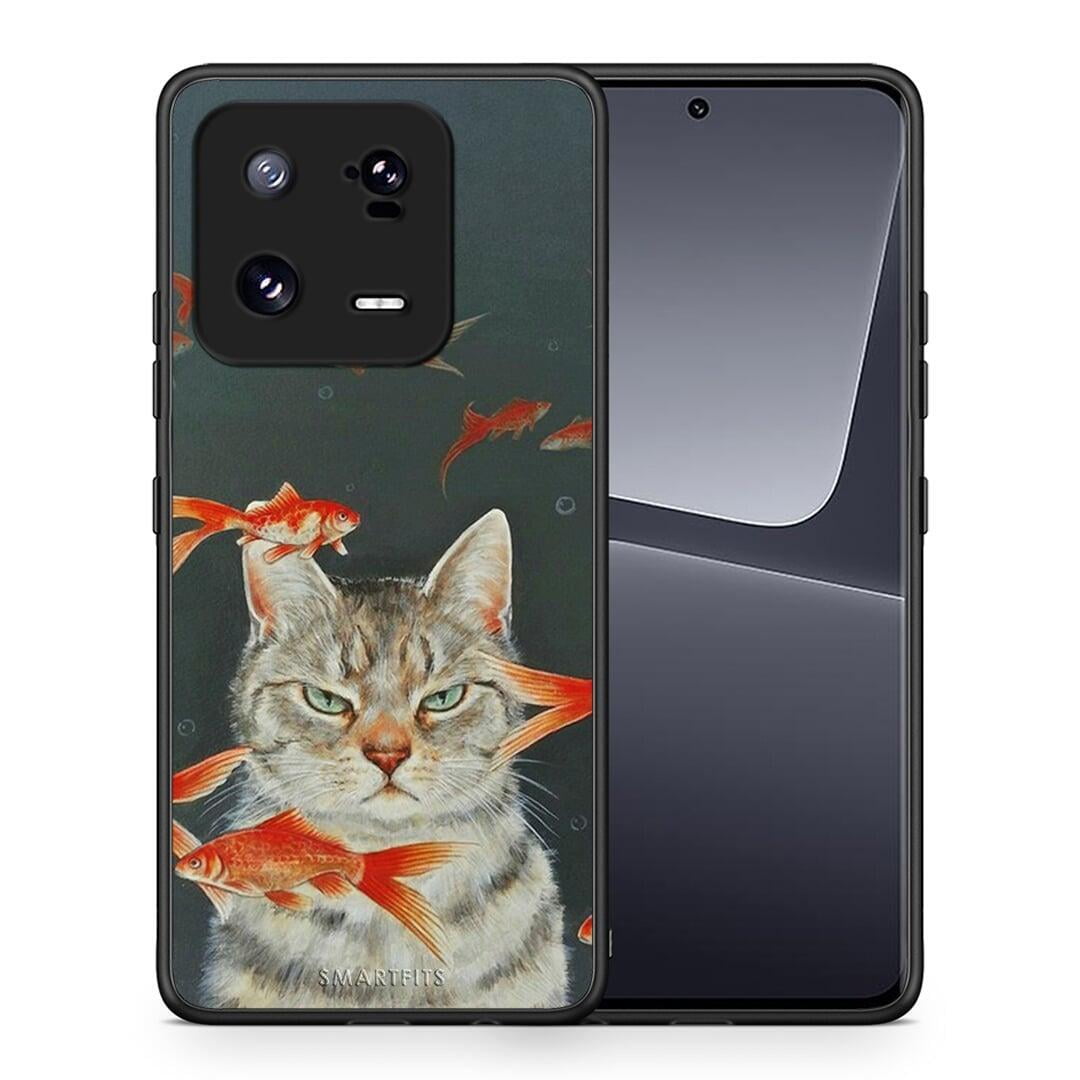 Θήκη Xiaomi 13 Cat Goldfish από τη Smartfits με σχέδιο στο πίσω μέρος και μαύρο περίβλημα | Xiaomi 13 Cat Goldfish Case with Colorful Back and Black Bezels