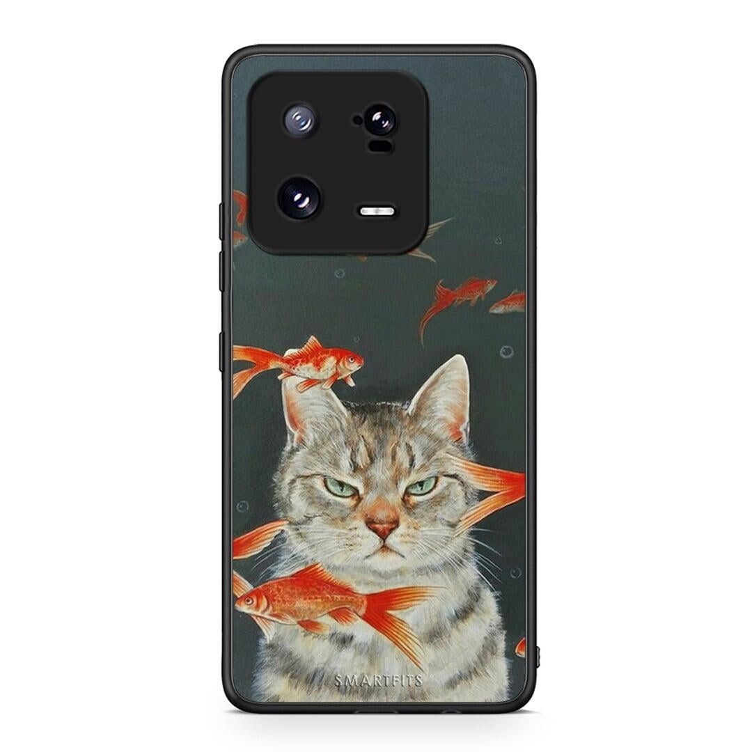 Θήκη Xiaomi 13 Cat Goldfish από τη Smartfits με σχέδιο στο πίσω μέρος και μαύρο περίβλημα | Xiaomi 13 Cat Goldfish Case with Colorful Back and Black Bezels