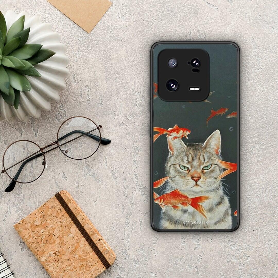 Θήκη Xiaomi 13 Cat Goldfish από τη Smartfits με σχέδιο στο πίσω μέρος και μαύρο περίβλημα | Xiaomi 13 Cat Goldfish Case with Colorful Back and Black Bezels