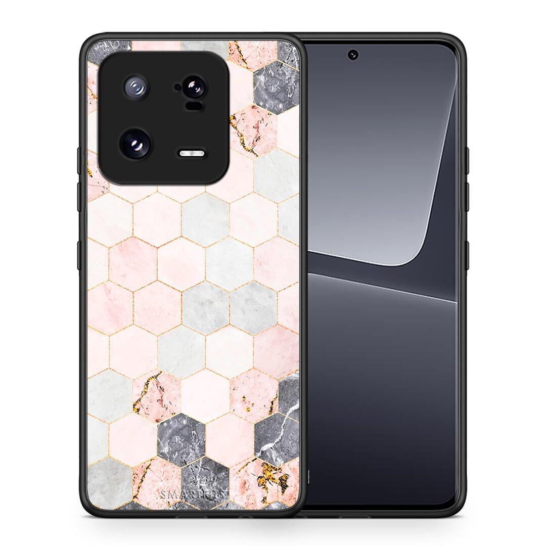 Θήκη Xiaomi 13 Marble Hexagon Pink από τη Smartfits με σχέδιο στο πίσω μέρος και μαύρο περίβλημα | Xiaomi 13 Marble Hexagon Pink Case with Colorful Back and Black Bezels