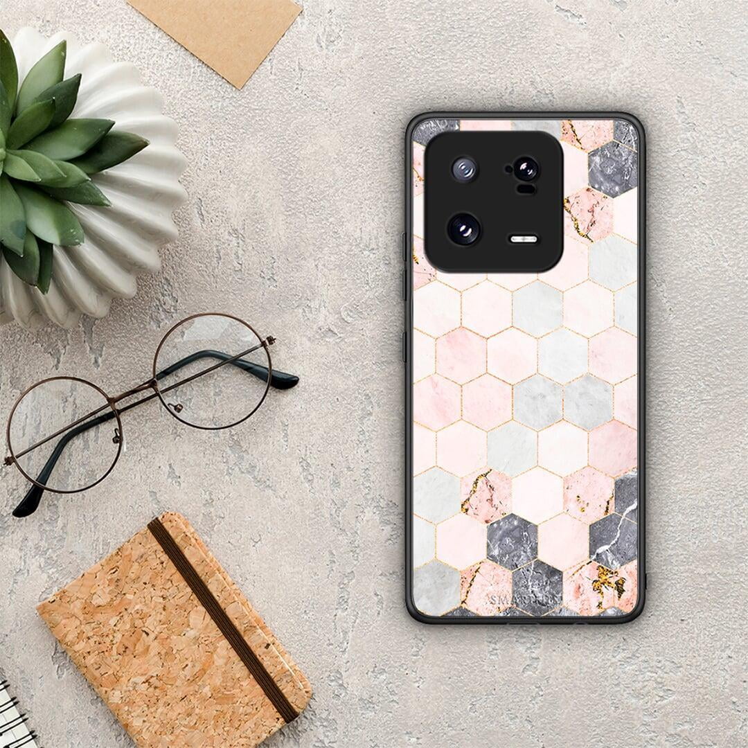 Θήκη Xiaomi 13 Marble Hexagon Pink από τη Smartfits με σχέδιο στο πίσω μέρος και μαύρο περίβλημα | Xiaomi 13 Marble Hexagon Pink Case with Colorful Back and Black Bezels