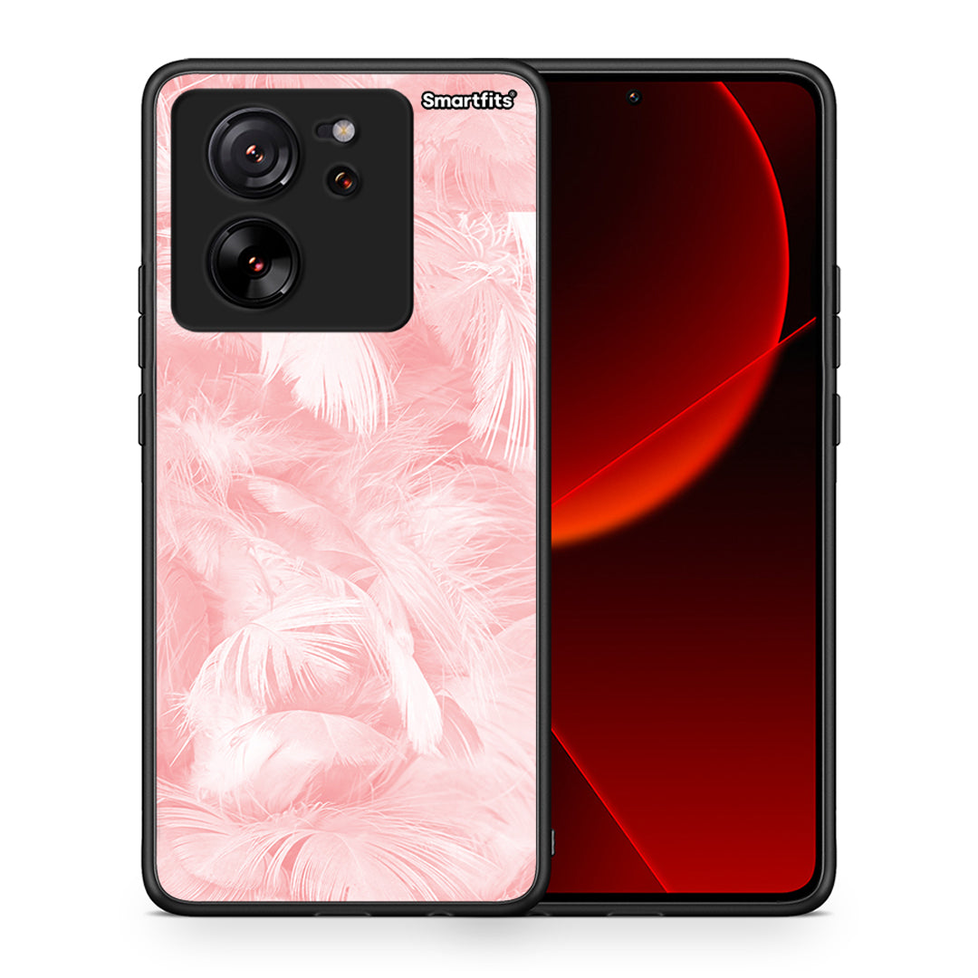 Θήκη Xiaomi 13T Pink Feather Boho από τη Smartfits με σχέδιο στο πίσω μέρος και μαύρο περίβλημα | Xiaomi 13T Pink Feather Boho case with colorful back and black bezels