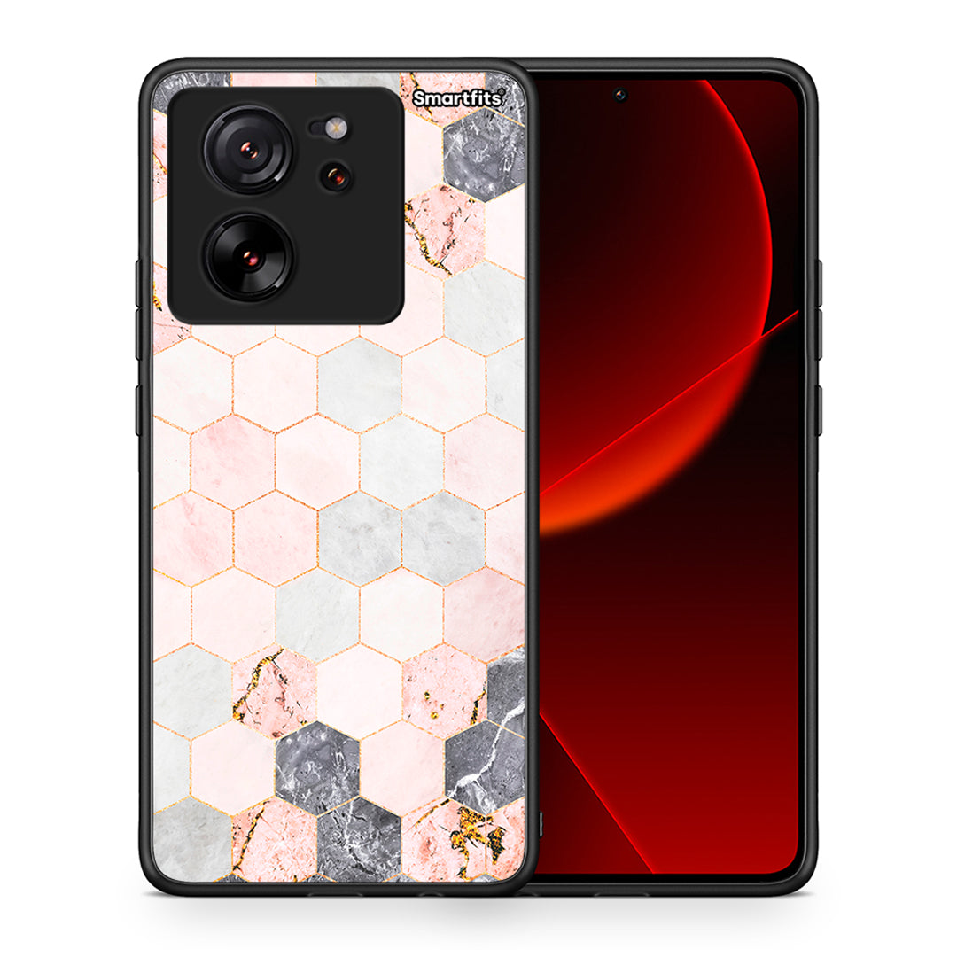 Θήκη Xiaomi 13T Hexagon Pink Marble από τη Smartfits με σχέδιο στο πίσω μέρος και μαύρο περίβλημα | Xiaomi 13T Hexagon Pink Marble case with colorful back and black bezels