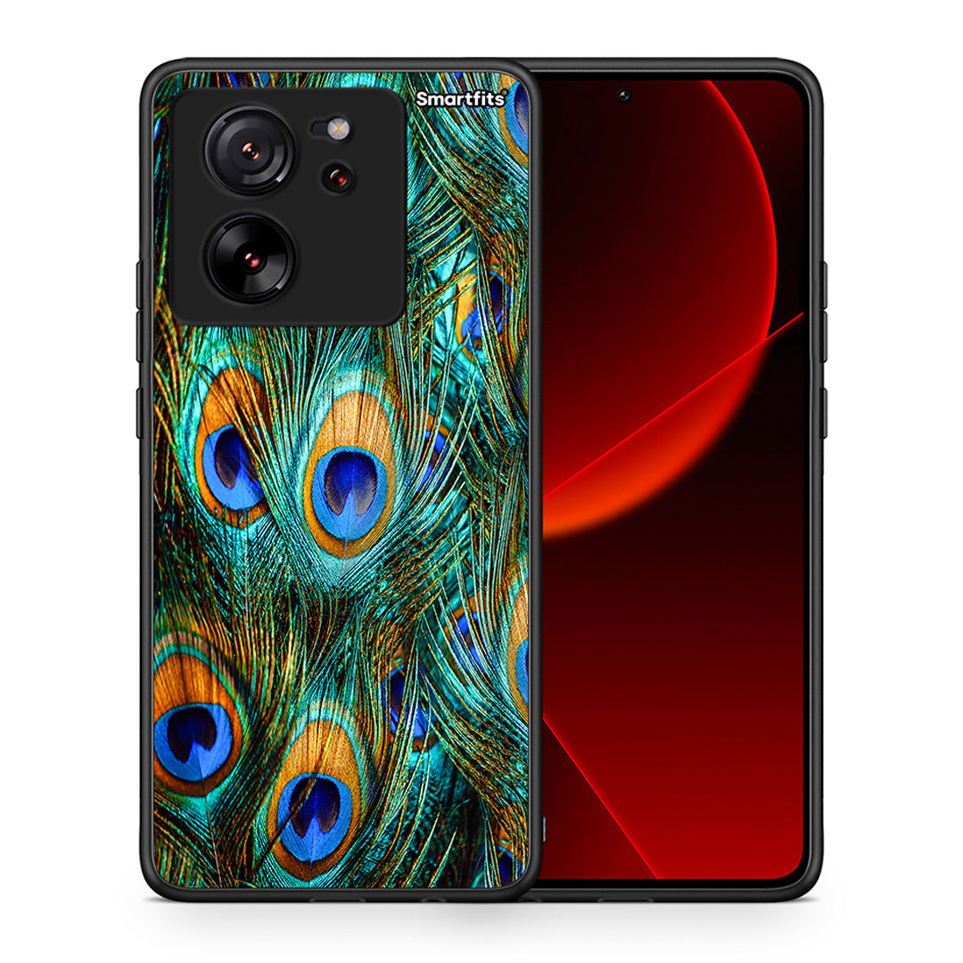 Θήκη Xiaomi 13T Real Peacock Feathers από τη Smartfits με σχέδιο στο πίσω μέρος και μαύρο περίβλημα | Xiaomi 13T Real Peacock Feathers case with colorful back and black bezels