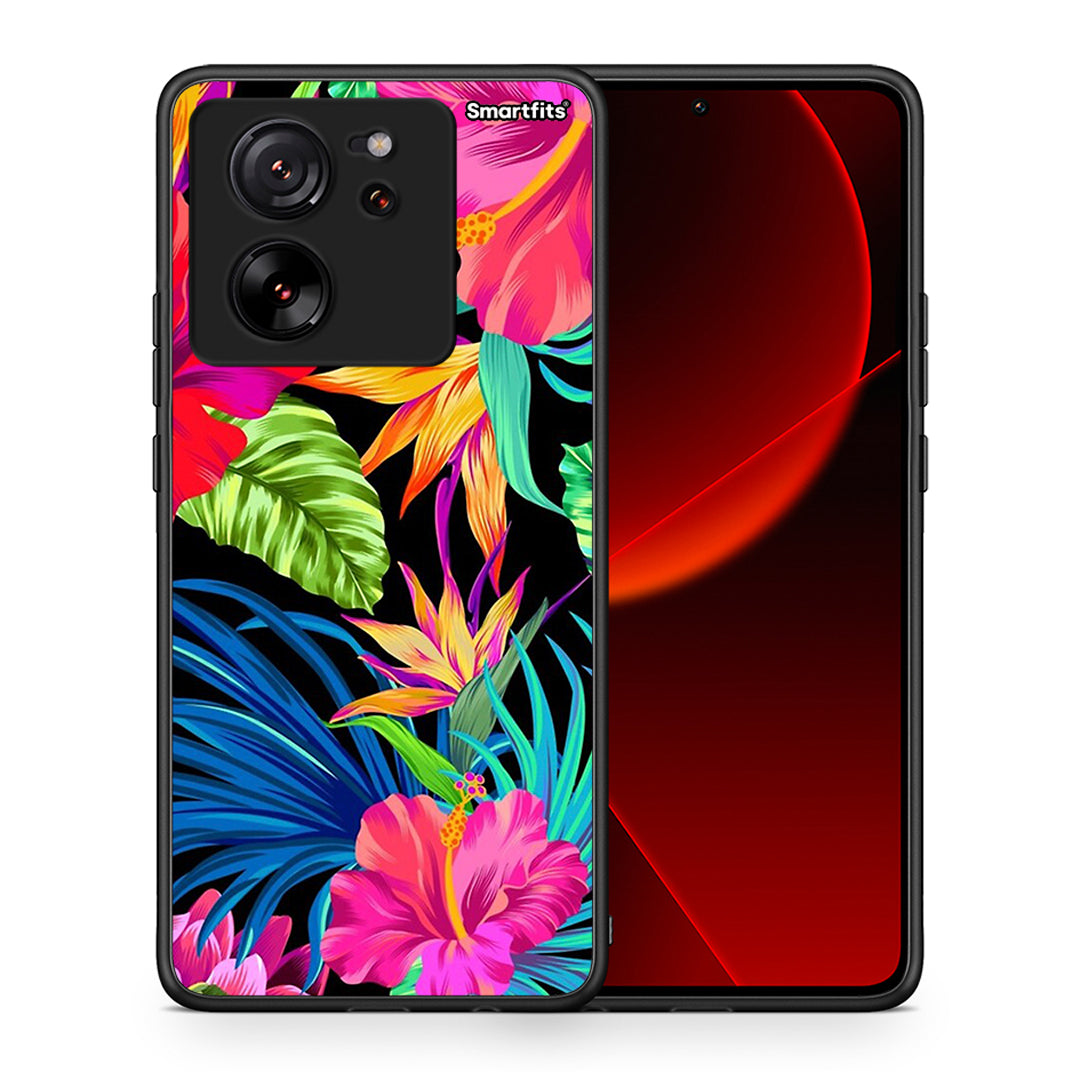 Θήκη Xiaomi 13T Tropical Flowers από τη Smartfits με σχέδιο στο πίσω μέρος και μαύρο περίβλημα | Xiaomi 13T Tropical Flowers case with colorful back and black bezels