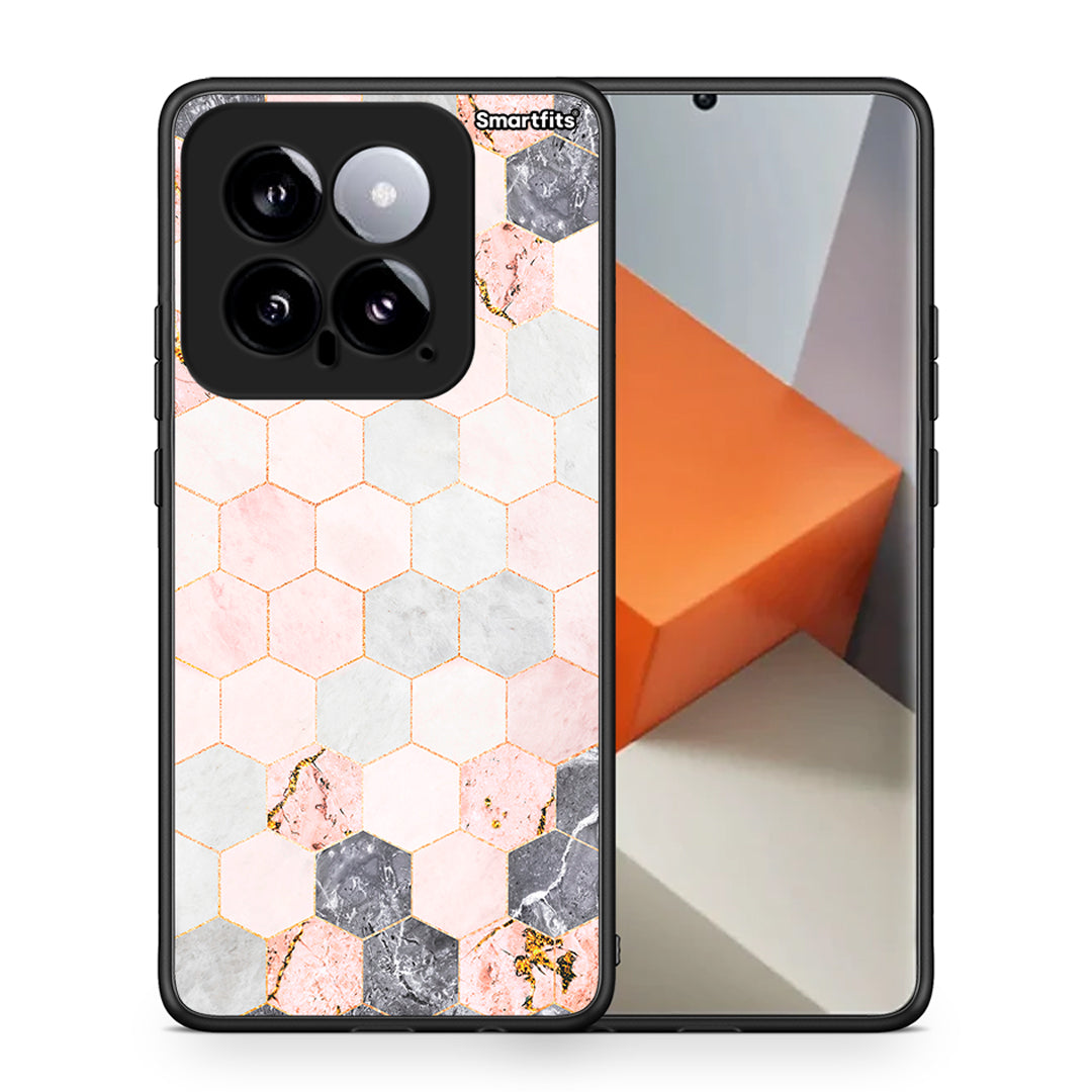 Θήκη Xiaomi 14 5G Hexagon Pink Marble από τη Smartfits με σχέδιο στο πίσω μέρος και μαύρο περίβλημα | Xiaomi 14 5G Hexagon Pink Marble case with colorful back and black bezels