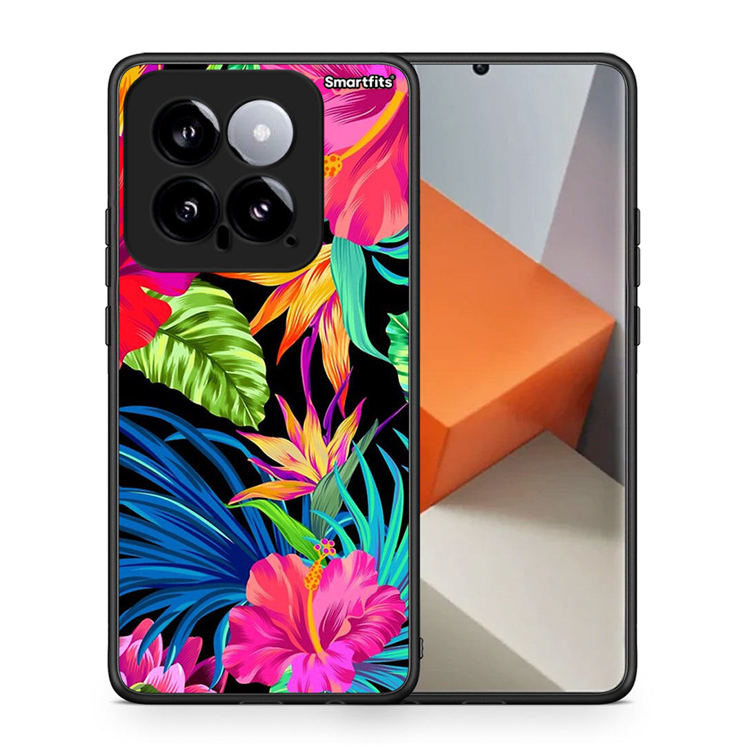 Θήκη Xiaomi 14 5G Tropical Flowers από τη Smartfits με σχέδιο στο πίσω μέρος και μαύρο περίβλημα | Xiaomi 14 5G Tropical Flowers case with colorful back and black bezels